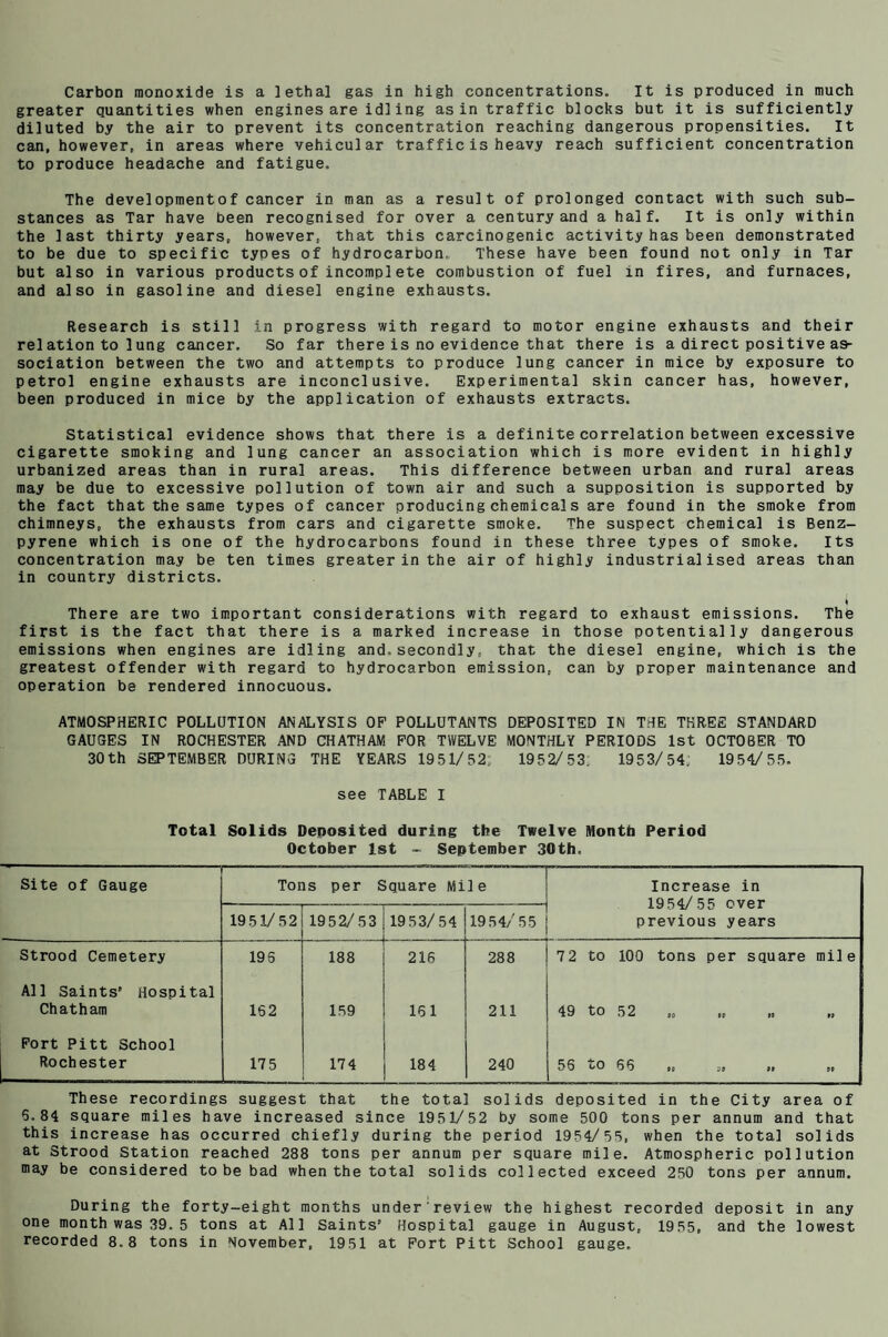 Carbon monoxide is a lethal gas in high concentrations. It is produced in much greater quantities when engines are id!ing as in traffic blocks but it is sufficiently diluted by the air to prevent its concentration reaching dangerous propensities. It can, however, in areas where vehicular traffic is heavy reach sufficient concentration to produce headache and fatigue. The developmentof cancer in man as a result of prolonged contact with such sub¬ stances as Tar have been recognised for over a century and a half. It is only within the last thirty years, however, that this carcinogenic activity has been demonstrated to be due to specific types of hydrocarbon. These have been found not only in Tar but also in various products of incomplete combustion of fuel in fires, and furnaces, and also in gasoline and diesel engine exhausts. Research is still in progress with regard to motor engine exhausts and their rel ation to lung cancer. So far there is no evidence that there is a direct positive as¬ sociation between the two and attempts to produce lung cancer in mice by exposure to petrol engine exhausts are inconclusive. Experimental skin cancer has, however, been produced in mice by the application of exhausts extracts. Statistical evidence shows that there is a definite correlation between excessive cigarette smoking and lung cancer an association which is more evident in highly urbanized areas than in rural areas. This difference between urban and rural areas may be due to excessive pollution of town air and such a supposition is supported by the fact that the same types of cancer producing chemical s are found in the smoke from chimneys, the exhausts from cars and cigarette smoke. The suspect chemical is Benz¬ pyrene which is one of the hydrocarbons found in these three types of smoke. Its concentration may be ten times greater in the air of highly industrialised areas than in country districts. ♦ There are two important considerations with regard to exhaust emissions. The first is the fact that there is a marked increase in those potentially dangerous emissions when engines are idling and.secondly, that the diesel engine, which is the greatest offender with regard to hydrocarbon emission, can by proper maintenance and operation be rendered innocuous. ATMOSPHERIC POLLUTION ANALYSIS OP POLLUTANTS DEPOSITED IN THE THREE STANDARD GAUGES IN ROCHESTER AND CHATHAM FOR TWELVE MONTHLY PERIODS 1st OCTOBER TO 30th SEPTEMBER DURING THE YEARS 1951/52; 1952/53. 1953/54; 1954/55. see TABLE I Total Solids Deposited during the Twelve Month Period October 1st - September 30th. Site of Gauge Tons per Square Mile Increase in 1954/55 ever previous years 19 51/52 1952/53 19 53/54 19 5 4/'5 5 Strood Cemetery 195 — 188 216 288 7 2 to 100 tons per square mile All Saints’ Hospital Chatham 162 159 151 211 49 to 52 Port Pitt School Rochester 17 5 174 184 240 56 £o 66 pe tt ot These recordings suggest that the total solids deposited in the City area of 5.84 square miles have increased since 1951/52 by some 500 tons per annum and that this increase has occurred chiefly during the period 1954/55, when the total solids at Strood Station reached 288 tons per annum per square mile. Atmospheric pollution may be considered to be bad when the total solids collected exceed 250 tons per annum. During the forty-eight months under review the highest recorded deposit in any one month was 39. 5 tons at All Saints' Hospital gauge in August, 1955, and the lowest recorded 8.8 tons in November, 1951 at Port Pitt School gauge.