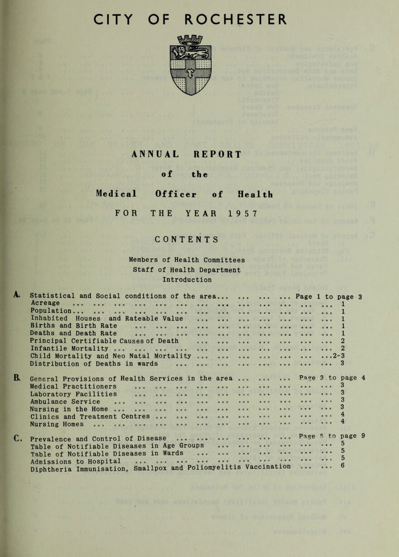 ANNUAL REPORT of the Medical Officer of Health FOR THE YEAR 1957 CONTENTS Members of Health Committees Staff of Health Department Introduction e o 0 « « 0 « 0 o A « 0 0 0 0 0 o o 0 0 O O I O 0 0 e o 0 o e « 0 o o Statistical and Social conditions of the area,. Acreage ,,, ,, Population,,. Inhabited Houses and Rateable Value Births and Birth Rate Deaths and Death Rate Principal Certifiable Causes of Death Infantile Mortality ,,, ,,, Child Mortality and Neo Natal Mortality Distribution of Deaths in wards ,,, ,,, ,,. General Provisions of Health Services in the area Medical Practitioners ... Laboratory Facilities Ambulance Service Nursing in the Home Clinics and Treatment Centres Nursing Homes O O 0 e 0 o 0 O 0 0 O 0 0 o e o o o 0 o o 0 0 0 O 0 « O 0 0 e o 0 O 0 0 0 0 0 0 o 0 O 0 0 0 o I O 0 0 0 0 o o O O 0 O O 0 O O 0 e o o o o o Page 1 to page 3 .. 1 0 0 0 0 O 0 O 0 o 0 4 0 a 0 0 4 0 0 Prevalence and Control of Disease ,o. Table of Notifiable Diseases in Age Groups Table of Notifiable Diseases in Wards Admissions to Hospital .,, .,, Diphtheria Immunisation, Smallpox and Poliomyelitis Vaccination 1 1 1 1 2 2 2“3 3 Pa^e 3.to page 4 , , O 0,0 3 3 3 ,,, 3 4 o o o e o o ~ 4 Page 5 to page 9 5 5 5 6 0 o o 0 0 0 0 0 4 0 o o O 0 o 0 O 0