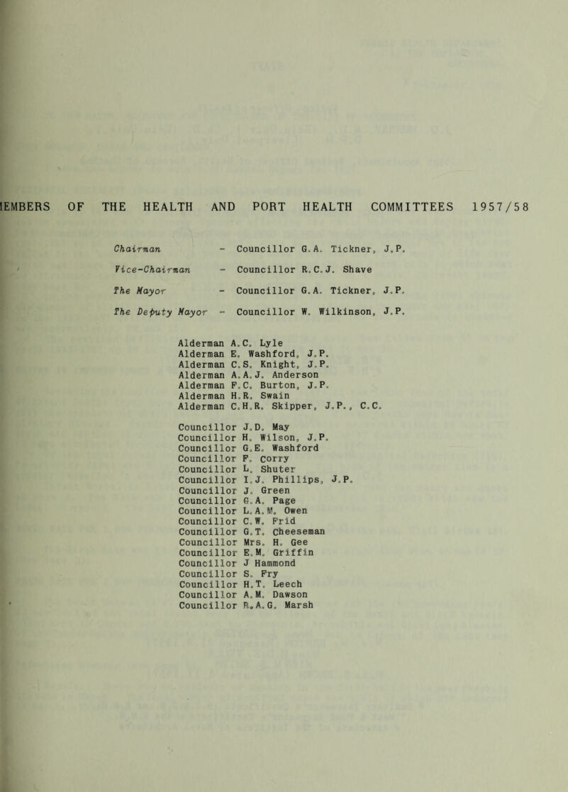 lEMBERS OF THE HEALTH AND PORT HEALTH COMMITTEES 1957/58 Chairman Vice-Chairman The Mayor The Deputy Mayor Councillor G.A. Tickner, J. P, Councillor R.C.J. Shave Councillor G.A. Tickner, J.P. Councillor W, Wilkinson, J.P, Alderman A,C. Lyle Alderman E. Washford, J.P. Alderman C.S. Knight, J,P. Alderman A,A.J. Anderson Alderman F.C. Burton, J,P, Alderman HoR, Swain Alderman CoH.R. Skipper, J,P,, C,C, Councillor Councillor Councillor Councillor Councillor Councillor Councillor Councillor Councillor Councillor Councillor Councillor Councillor Councillor Councillor Councillor Councillor Councillor J, D, May H, Wilson, J,P, G,E, Washford P. corry L, Shuter I, J. Phillips, J,P. J, Green G,A. Page L, A. M, Owen C,W. Frid G, T. cheeseman Mrs, H, Gee EoM, Griffin J Hammond S, Pry H, T, Leech A,M, Dawson RoA, G, Marsh