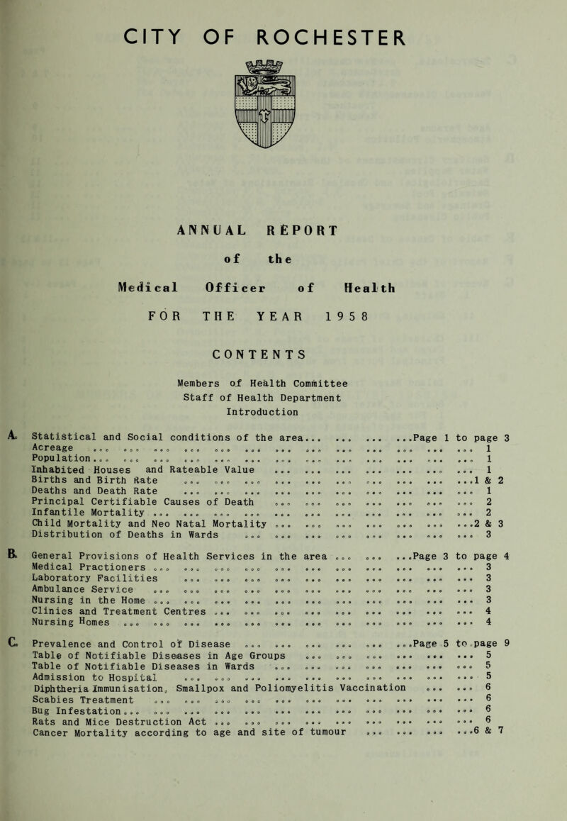 ANNUAL REPORT of the Medical Officer of Health FOR THE YEAR 1958 CONTENTS Members of Health Committee Staff of Health Department Introduction a o o O 0 0 0 0 0 0 O 0 0 0 o o o 0 o I o • Statistical and Social conditions of the area, Acreage Population .. Inhabited Houses and Rateable Value Births and Birth Rate ... ... ... Deaths and Death Rate ... . ... Principal Certifiable Causes of Death Infantile Mortality ... ... ... ... Child Mortality and Neo Natal Mortality . Distribution of Deaths in Wards ... General Provisions of Health Services in the area Medical Practioners ... ... ... ... ... ... Laboratory Facilities Ambulance Service Nursing in the Home .« Clinics and Treatment Centres Nursing Homes ... ... ... • e e e .Page 1 ooo • CO ooo ooo ooo 0 • o ooo ooo ooo ooo o o i 0 o to page 3 ... 1 ... 1 .. . 1 . . .1 & 2 1 2 2 2 & 3 ooo ooo ooo ooo ooo Page 3 to page 4 3 c. ooo ooo Prevalence and Control of Disease ... Table of Notifiable Diseases in Age Groups Table of Notifiable Diseases in Wards Admission to Hospital ... ... Diphtheria Immunisation. Smallpox and Poliomyelitis Vaccination Scabies Treatment Bug Infestation .. Rats and Mice Destruction Act ... ... ... ... Cancer Mortality according to age and site of tumour 0 9 0 OOO 9 0 0 0 9 0 Page 5 3 3 3 4 4 to page 9 . 5 . 5 . 5 , 6 . 6 . 6 . 6 ,6 & 7