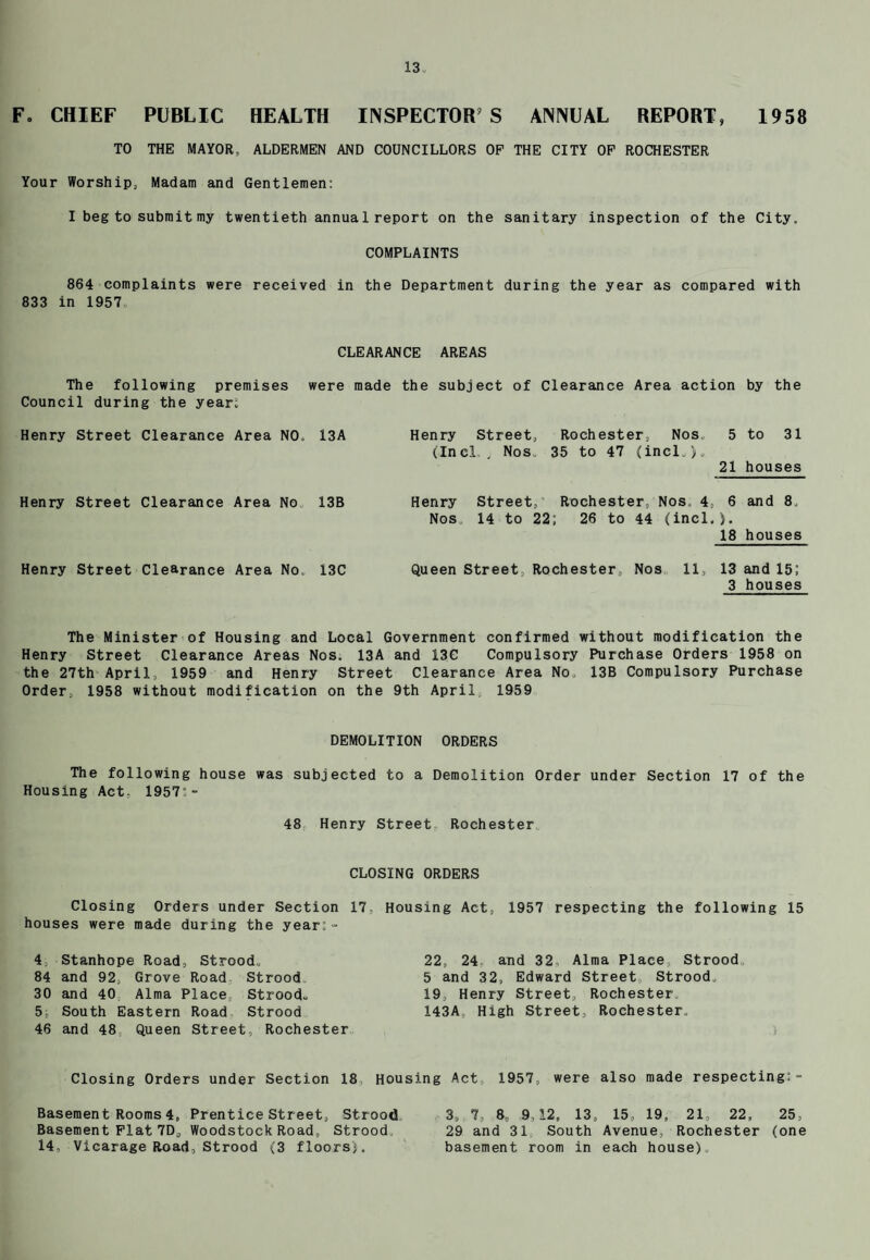 F« CHIEF PUBLIC HEALTH INSPECTOR’S ANNUAL REPORT, 1958 TO THE MAYOR, ALDERMEN AND COUNCILLORS OP THE CITY OP ROCHESTER Your Worship, Madam and Gentlemen: I beg to submit my twentieth annua 1 report on the sanitary inspection of the City, COMPLAINTS 864 complaints were received in the Department during the year as compared with 833 in 1957 CLEARANCE AREAS The following premises were made the subject of Clearance Area action by the Council during the year, Henry Street Clearance Area NO. 13A Henry Street Clearance Area No 13B Henry Street Clearance Area No, 13C Henry Street, Rochester, Nos, 5 to 31 (Inel. , Nos, 35 to 47 (incl.), 21 houses Henry Street, Rochester, Nos, 4, 6 and 8, Nos 14 to 22; 26 to 44 (incl.). 18 houses Queen Street, Rochester, Nos 11, 13 and 15; 3 houses The Minister of Housing and Local Government confirmed without modification the Henry Street Clearance Areas Nos. 13A and 13C Compulsory Purchase Orders 1958 on the 27th April, 1959 and Henry Street Clearance Area No 13B Compulsory Purchase Order, 1958 without modification on the 9th April, 1959 DEMOLITION ORDERS The following house was subjected to a Demolition Order under Section 17 of the Housing Act, 1957 - 48 Henry Street Rochester CLOSING ORDERS Housing Act, 1957 respecting the following 15 Closing Orders under Section 17, houses were made during the year:- 4, Stanhope Road, Strood.. 84 and 92, Grove Road Strood. 30 and 40 Alma Place, Strood- 5; South Eastern Road Strood 46 and 48 Queen Street, Rochester 22, 24 and 32, Alma Place, Strood 5 and 32, Edward Street Strood. 19, Henry Street, Rochester, 143A„ High Street, Rochester. Closing Orders under Section 18, Housing Act 1957, were also made respecting:- Basement Rooms 4, Prentice Street, Strood 3, 7, 8, 9,12, 13, 15, 19, 21, 22, 25, Basement Plat 7D„ Woodstock Road, Strood 29 and 31 South Avenue, Rochester (one 14, Vicarage Road, Strood (3 floors}. basement room in each house)