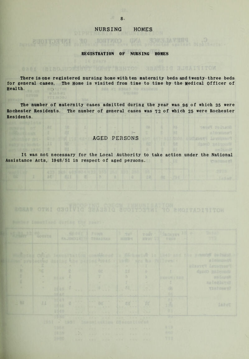 NURSING HOMES REGISTRATION OF NURSING HOMES There is one registered nursing home with ten maternity beds and twenty-three beds for general cases. The Home is visited from time to time by the Medical officer of Health. » The number of maternity cases admitted during the year was 96 of which 35 were Rochester Residents. The number of general cases was 72 of which 25 were Rochester Residents. AGED PERSONS It was not necessary for the Local Authority to take action under the National Assistance Acts, 1948/51 in respect of aged persons.