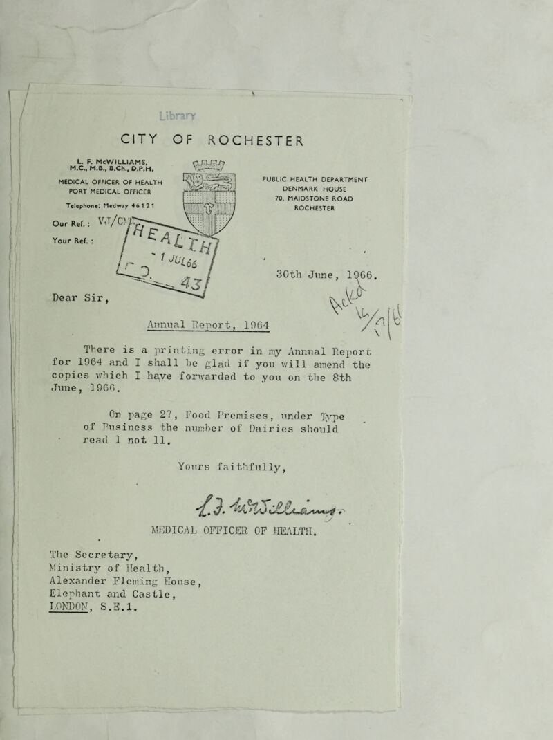 CITY OF ROCHESTER 0V/Ul kJ .1. JL PUBLIC HEALTH DEPARTMENT DENMARK HOUSE 70. MAIDSTONE ROAD ROCHESTER 30th Jun< Annual Report, 10(34 \ There is a printing error in my Annual Report for 1064 and I shall be glad if you will amend the copies which I have forwarded to you on the 8th June, 1966. On page 27, Food Premises, under Type of business the number of Dairies should read 1 not 11. Yours faithfully MEDICAL OFFICER OF HEALTH The Secretary, Ministry of Health, Alexander Fleming House, Elephant and Castle, LONDON. S.E.l.
