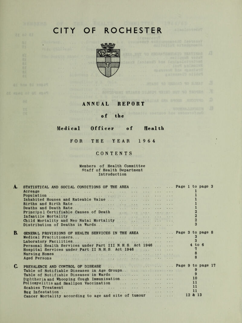 ROCHESTER CITY OF ANNUAL REPORT of the Medical Officer of Health FOR THE YEAR 1964 CONTENTS Members of Health Committee Staff of Health Department Introduction STATISTICAL AND SOCIAL CONDITIONS OP THE Acreage . Population Inhabited Houses and Rateable Value Births and Birth Rate Deaths and Death Rate Principal Certifiable Causes of Death Infantile Mortality Child Mortality and Neo Natal Mortality Distribution of Deaths in Wards AREA .Page 1 to page 3 . .. 1 ... ... . 1 . . . ... 1 . . ... ... ... ... 1 . . . ... ... ... ... 1 . ... ... ... 2 .............. 2 . . 2 ... ... .. 3 GENERAL PROVISIONS OF HEALTH SERVICES IN THE AREA Medical Practitioners... ... ... ... ... ... ... Laboratory Facilities , . . ... ... Personal Health Services under Part III N H S Act 1946 Hospital Services under Part II N H S Act 1946 Nursing Homes Aged Persons . ,. ... Page 3 to page 8 3 3 4 to 6 7 8 8 PREVALENCE AND CONTROL OF DISEASE Table of Notifiable Diseases in Age Groups Table of Notifiable Diseases in Wards ... ... Diphtheria and Whooping Cough Immunisation Poliomyelitis and Smallpox Vaccination Scabies Treatment .. ... ... ... Bug Infestation ... Cancer Mortality according to age and site of tumour Page 9 to page 17 9 9 10 11 11 11 12 & 13