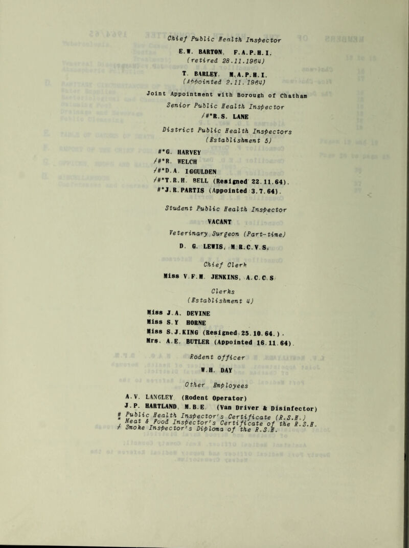 Chief Public Health Inspector E.W. BARTON F.A.P.H.I. (retired 28.11.196U) T. BARLEY M.A.P.H.I. (Appointed 2.11.19m) Joint Appointment with Borough of Chatham Senior Public Health Inspector /#*R.S. LANE District Public Health Inspectors (Establishment 5) #*G. HARVEY /#*R WELCH /#*D.A IGGULDEN /#*T,R.H, BELL (Resigned 22.11.64). #*J.R.PARTIS (Appointed 3.7.64). Student Public Health Inspector VACANT Veterinary Surgeon (Part-time) D. G. LEWIS, M R.C.V.S. Chief Clerk Miss V F.M JENKINS. A.C.C S Clerks (Establishment U) Miss J.A. DEVINE Miss S,Y HORNE Miss S.J.KING (Resigned 25.10.64.) . Mrs. A.E. BUTLER (Appointed 16.11.64) Rodent officer IB. DAY U trier Employees A.V. LANGLEY (Rodent Operator) J.P. HARTLAND M.B.E (Van Driver & Disinfector) L,ublic. Hnealt>l Inspector's Certificate (R.S.H) i/°°d Inspector's Certificate of the R.S.H. Smoke Inspector’s Diploma of the R.S.H.