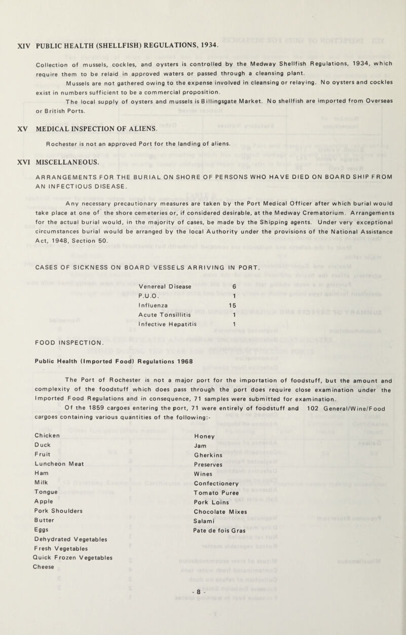 XIV PUBLIC HEALTH (SHELLFISH) REGULATIONS, 1934. Collection of mussels, cockles, and oysters is controlled by the Medway Shellfish Regulations, 1934, which require them to be relaid in approved waters or passed through a cleansing plant. Mussels are not gathered owing to the expense involved in cleansing or relaying. No oysters and cockles exist in numbers sufficient to be a commercial proposition. The local supply of oysters and mussels is Billingsgate Market. No shellfish are imported from Overseas or British Ports. XV MEDICAL INSPECTION OF ALIENS. Rochester is not an approved Port for the landing of aliens. XVI MISCELLANEOUS. ARRANGEMENTS FOR THE BURIAL ON SHORE OF PERSONS WHO HAVE DIED ON BOARDSHIP FROM AN INFECTIOUS DISEASE. Any necessary precautionary measures are taken by the Port Medical Officer after which burial would take place at one of the shore cemeteries or, if considered desirable, at the Medway Crematorium Arrangements for the actual burial would, in the majority of cases, be made by the Shipping agents. Under very exceptional circumstances burial would be arranged by the local Authority under the provisions of the National Assistance Act, 1948, Section 50. CASES OF SICKNESS ON BOARD VESSELS ARRIVING IN PORT. Venereal Disease 6 P.U.O, 1 Influenza 15 Acute Tonsiliitis 1 Infective Hepatitis 1 FOOD INSPECTION. Public Health (Imported Food) Regulations 1968 The Port of Rochester is not a major port for the importation of foodstuff, but the amount and complexity of the foodstuff which does pass through the port does require close examination under the Imported Food Regulations and in consequence, 71 samples were submitted for examination. Of the 1859 cargoes entering the port, 71 were entirely of foodstuff and 102 General/Wine/Food cargoes containing various quantities of the following:- Chicken D uck F ruit Luncheon Meat Ham Milk T ongue A pple Pork Shoulders B utter Eggs Dehydrated Vegetables Fresh Vegetables Quick Frozen Vegetables Cheese H oney Jam G herkins Preserves W ines Confectionery Tomato Puree Pork Loins Chocolate Mixes Salami Pate de fois Gras