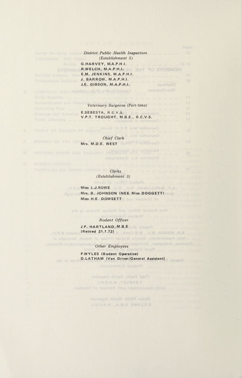 District Public Health Inspectors (Establishment 5) G HARVEY, M.A.P.H ,l„ R .WELCH, M .A ,P.H .1. E.M. JENKINS, M .A.P.H.I. J. BARROW, M.A.P.H.I. J E . GIBSON, M„A.P.H.1. Veterinary Surgeons (Part-time) E.SEBESTA, R C,V,S. V.P.T. TROUGHT, M B.E,, R.C.V.S. Chief Clerk Mrs. M.D.E. WEST Clerks (Establishment 3) Miss L.J.ROWE Mrs. B. JOHNSON (NEE Miss DOGGETT) Miss H.E, DOWSETT Rodent Officer J.P. HARTLAND, M.B.E (Retired 31,1.72) Other Employees P.WYLES (Rodent Operative) D.LATHAM (Van Driver/General Assistant)
