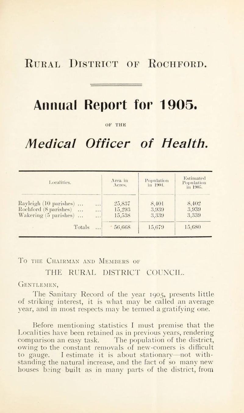 Rural District of Rochford. Annual Report for 1905. OF THE Medical Officer of Health. Localities. Area in Acres. Population in 1901. Estimated Population in 1905. Rayleigh (10 parishes) ... 25,837 8,401 8,402 Rochford (8 parishes) 15,293 3,939 3,939 Wakering (5 parishes) ... 15,538 3,339 3,339 Totals ' 56,668 15,679 15,680 To the Chairman and Members of THE RURAL DISTRICT COUNCIL. Gentlemen, The Sanitary Record of the year 1905, presents little of striking interest, it is what may be called an average year, and in most respects may be termed a gratifying one. Before mentioning statistics I must premise that the Localities have been retained as in previous years, rendering comparison an easy task. The population of the district, owing to the constant removals of new-comers is difficult to gauge. I estimate it is about stationary—not with¬ standing the natural increase, and the fact of so many new houses being built as in many parts of the district, from
