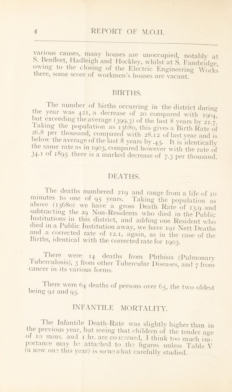 vnucms causes, man)/ houses are unoccupied, notably at S. Benfleet, Hadleigh and Hockley, whilst at S. Fambridae owing to the closing of the Electric Engineering Works tneie, some score of workmen’s houses are vacant. BIRTHS. The number of births occurring in the district durino- tiie year was 421, a decrease of 20 compared with ioo/T but exceeding the average (399.3) of the last 8 years by 21 7 t aking the population as 13680, this gives a Birth Rate of 26 8 per thousand, compared with 28.12 of last year and is below the average of the last 8 years by .45. It is ''identically the same rate as m 1903, compared however with the rate of 34*1 m 1893 theie is a marked decrease of 7.3 per thousand. DEATHS. . The deaths numbered 219 and range from a life of 10 minutes to one of 95 years. Taking the population as above (15680) we have a gross Death Rate of 13.0 and subtracting the 29 Non-Residents who died in the Public Institutions in this district, and adding one Resident who died m a 1 ublic Institution away, we have 191 Nett Deaths and a corrected rate of 12.1, again, as in the case of the births, identical with the corrected rate for 1903. ,r 1 Eheie weie 14 deaths from Phthisis (Pulmonary 1 ubeiculosis), 3 from other tubercular Diseases, and 7 from cancer in its various forms. _ There were 64 deaths of persons over 65, the two oldest being 92 and 95. INFANTILE MORTALITY. File Infantile Death-Rate was slightly higher than in the previous year, but seeing that children of the tender ao-e ot 10 mins, and 1 hr. are concerned, I think too much im¬ portance may be attached to the figures unless Table V (a new one this year) is somewhat carefully studied.