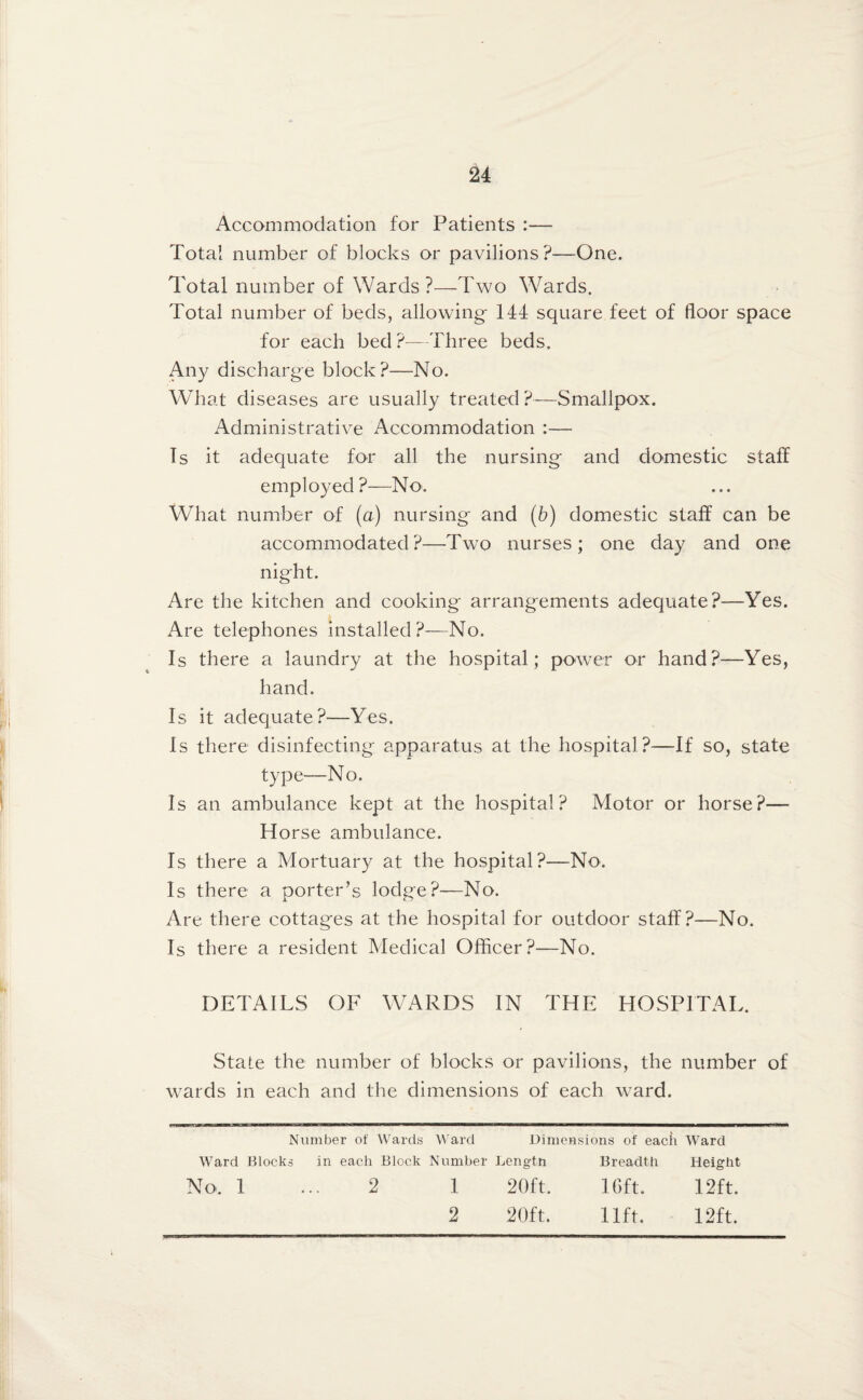 Accommodation for Patients :— Total number of blocks or pavilions?—One. Total number of Wards ?—Two Wards. Total number of beds, allowing- 144 square feet of floor space for each bed?—Three beds. Any discharge block?—No. What diseases are usually treated ?—Smallpox. Administrative Accommodation :— Ts it adequate for all the nursing and domestic staff employed ?—No. What number of (a) nursing and (b) domestic staff can be accommodated ?—Two nurses; one day and one night. Are the kitchen and cooking arrangements adequate?—Yes. Are telephones installed?—No. Is there a laundry at the hospital; power or hand?—Yes, hand. Is it adequate?—Yes. Is there disinfecting apparatus at the hospital?—If so, state type—No. Is an ambulance kept at the hospital? Motor or horse?— Horse ambulance. Is there a Mortuary at the hospital?—No. Is there a porter’s lodge?—No. Are there cottages at the hospital for outdoor staff?—No. Is there a resident Medical Officer?—No. DETAILS OF WARDS IN THE HOSPITAL. State the number of blocks or pavilions, the number of wards in each and the dimensions of each ward. Number of Wards Ward Dimensions of each Ward Ward Blocks in each Block Number Lengtn Breadth Height No. 1 ... 2 1 20ft. K’lft. 12ft. 2 20ft. lift. 12ft.