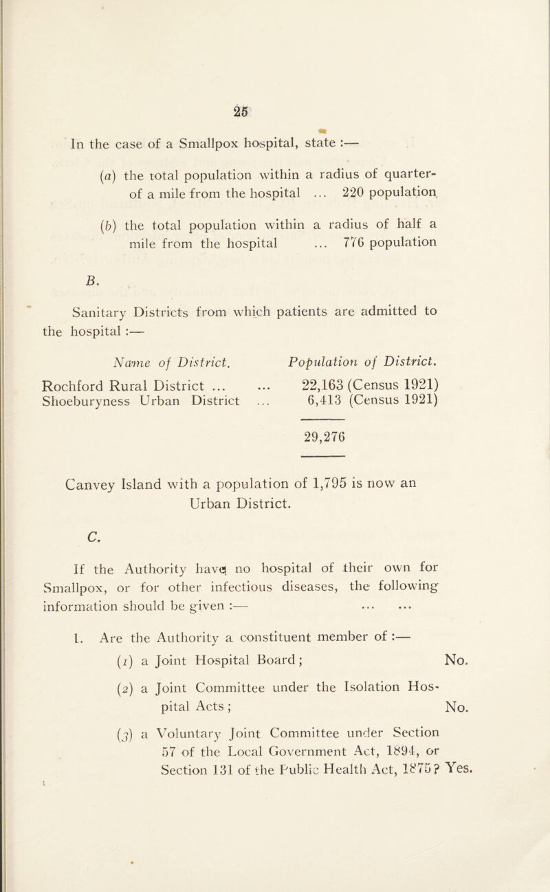 In the case of a Smallpox hospital, state :— (a) the total population within a radius of quarter- of a mile from the hospital ... 220 population [b) the total population within a radius of half a mile from the hospital ... TifC population B. Sanitary Districts from which patients are admitted to the hospital :— Name of District. Population of District. Rochford Rural District ... ... 22,163 (Census 1921) Shoeburyness Urban District ... 6,413 (Census 1921) 29,276 Canvey Island with a population of 1,795 is now an Urban District. C. If the Authority havq no hospital of their own for Smallpox, or for other infectious diseases, the following information should be given :— . 1. Are the Authority a constituent member of :— (1) a Joint Hospital Board; No. (2) a Joint Committee under the Isolation Hos¬ pital Acts; No. (j) a Voluntary Joint Committee under Section 57 of the Local Government Act, 1894, or Section 131 of the Public Health Act, 1875? Yes.