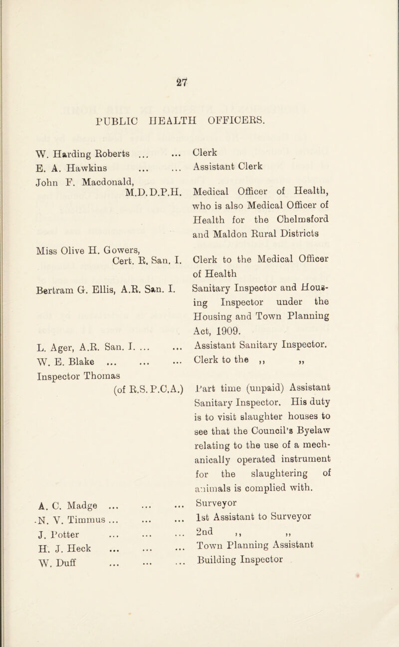 PUBLIC HEALTH OFFICEES. W. Harding Eoberts ... E. A. Hawkins John F. Macdonald, M.D.D.P.H. Miss Olive H. Gowers, Cert. E. San. I. Bertram G. Ellis, A.E. San. I. L. Ager, A.E. San. I. ... W. E. Blake Inspector Thomas (of E.S.P.C.A.) A. C. Madge ... -N. V. Timmus ... J. Potter H. J. Heck W. Duff Clerk Assistant Clerk Medical Officer of Health, who is also Medical Officer of Health for the Chelmsford and Maldon Eural Districts Clerk to the Medical Officer of Health Sanitary Inspector and Hous¬ ing Inspector under the Housing and Town Planning Act, 1909. Assistant Sanitary Inspector. Clerk to the ,, ,, Part time (unpaid) Assistant Sanitary Inspector. His duty is to visit slaughter houses to see that the Council’s Byelaw relating to the use of a mech¬ anically operated instrument for the slaughtering of animals is complied with. Surveyor 1st Assistant to Surveyor 2nd ,, ,, Town Planning Assistant Building Inspector