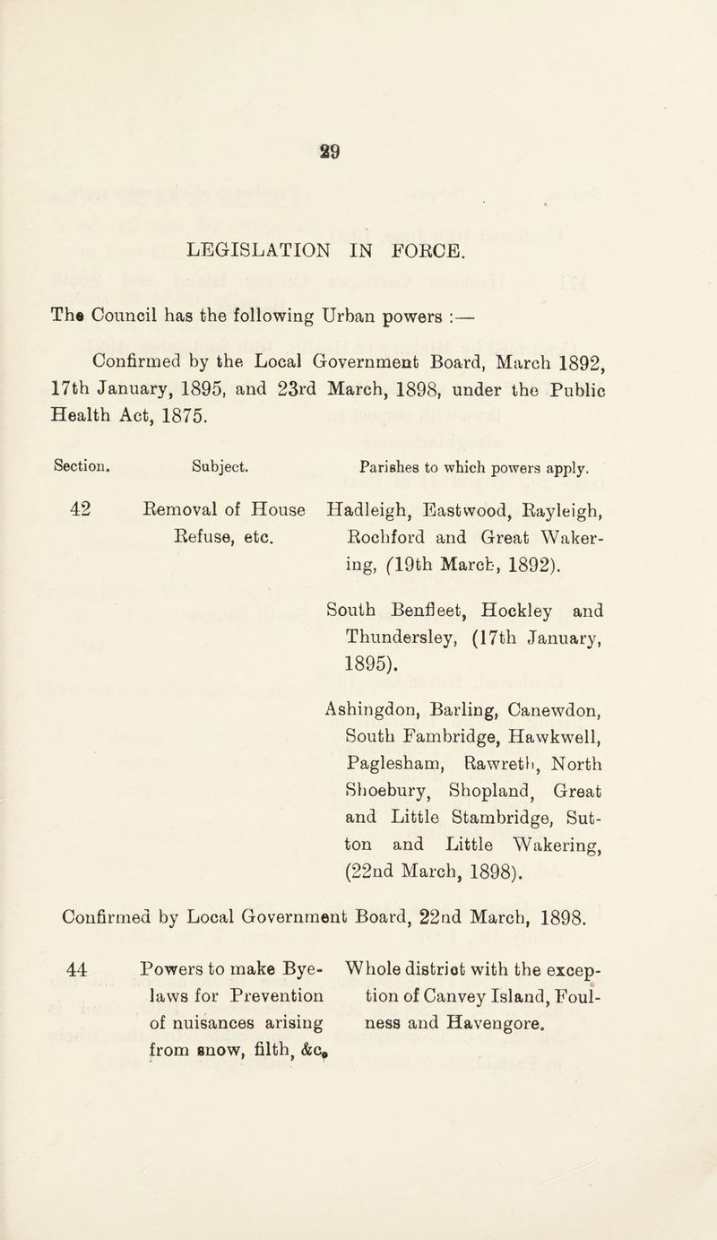 LEGISLATION IN FOKCE. The Council has the following Urban powers :— Confirmed by the Local Government Board, March 1892, 17th January, 1895, and 23rd March, 1898, under the Public Health Act, 1875. Section. Subject. 42 Removal of House Refuse, etc. Parishes to which powers apply. Hadleigh, Eastwood, Rayleigh, Rocbford and Great Waker¬ ing, fl9th March, 1892). South Benfleet, Hockley and Thundersley, (17th January, 1895). Ashingdon, Barling, Canewdon, South Fambridge, Havvkwell, Paglesham, Rawreth, North Shoebury, Shopland, Great and Little Stambridge, Sut¬ ton and Little Wakering, (22nd March, 1898). Confirmed by Local Government Board, 22nd March, 1898. 44 Powers to make Bye- Whole district with the excep- laws for Prevention tion of Canvey Island, Foul- of nuisances arising ness and Havengore. from enow, filth, &Cp