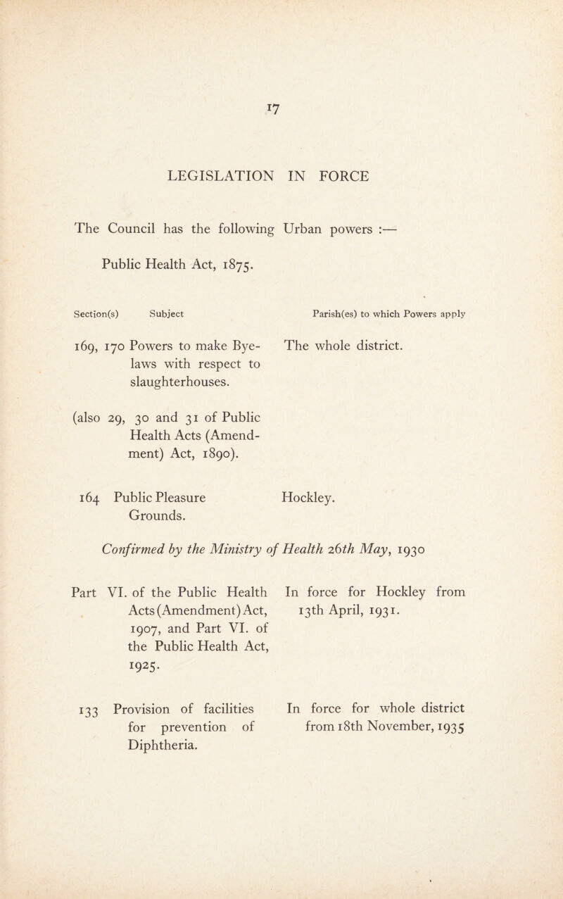 LEGISLATION IN FORCE The Council has the following Urban powers : Public Health Act, 1875. Section(s) Subject Parish(es) to which Powers apply 169, 170 Powers to make Bye¬ laws with respect to slaughterhouses. The whole district. (also 29, 30 and 31 of Public Health Acts (Amend¬ ment) Act, 1890). 164 Public Pleasure Grounds. Hockley. Confirmed by the Ministry of Health 26/A May^ 1930 Part VI. of the Public Health Acts (Amendment) Act, 1907, and Part VI. of the Public Health Act, 1925- In force for Hockley from 13th April, 1931. 133 Provision of facilities for prevention of Diphtheria. In force for whole district from 18th November, 1935