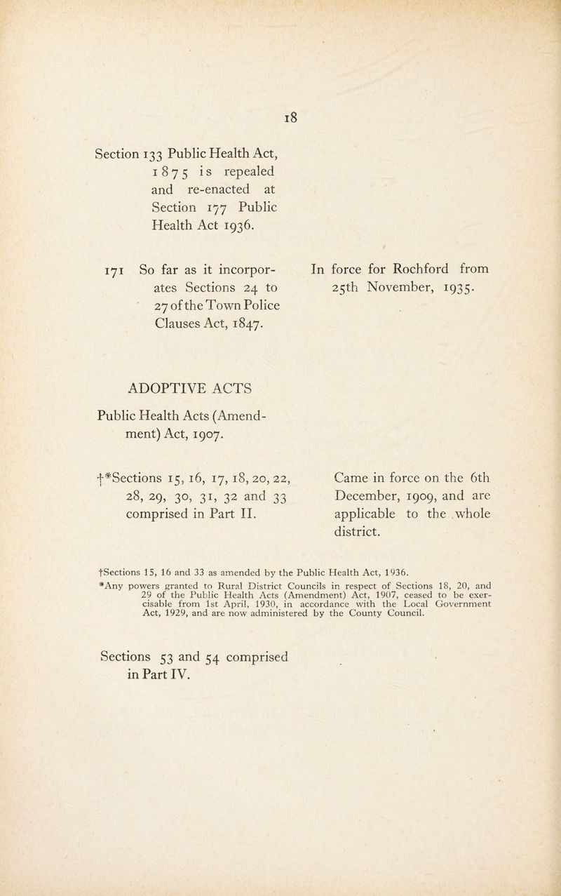 Section 133 Public Health Act, 1875 ^ ® repealed and re-enacted at Section 177 Public Health Act 1936. 171 So far as it incorpor¬ ates Sections 24 to 27 of the Town Police Clauses Act, 1847. ADOPTIVE ACTS Public Health Acts (Amend¬ ment) Act, 1907. |*Sections 15, 16, 17, 18, 20, 22, 28, 29, 30, 31, 32 and 33 comprised in Part II. In force for Rochford from 25th November, 1935. Came in force on the 6th December, 1909, and are applicable to the whole district. tSections 15, 16 and 33 as amended by the Public Health Act, 1936. *Any powers granted to Rural District Councils in respect of Sections 18, 20, and 29 of the Public Health Acts (Amendment) Act, 1907, ceased to be exer¬ cisable from 1st April, 1930, in accordance with the Local Government Act, 1929, and are now administered by the County Council. Sections 53 and 54 comprised in Part IV.