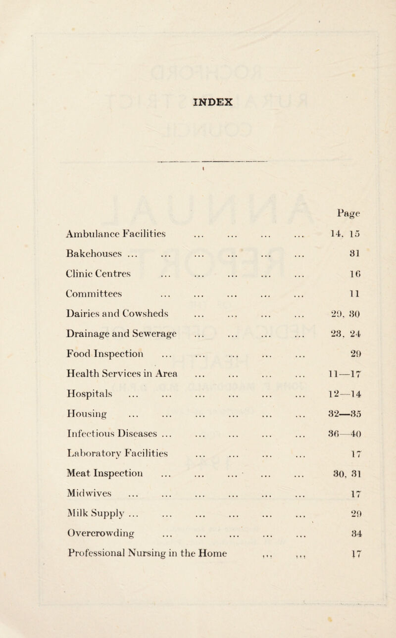INDEX « Ambulance Facilities Bakehouses ... Clinic Centres Committees Dairies and Cowsheds Drainage and Sewerage Food Inspection Health Services in Area Hospitals Housing Infectious Diseases ... Laboratory Facilities Meat Inspection Mid wives Milk Supply ... Overcrowding Page 14. 15 31 16 11 29, 80 23. 24 11— 17 12— 14 32—35 36—40 17 30. 31 17 29 34 Professional Nursing in the Home 17