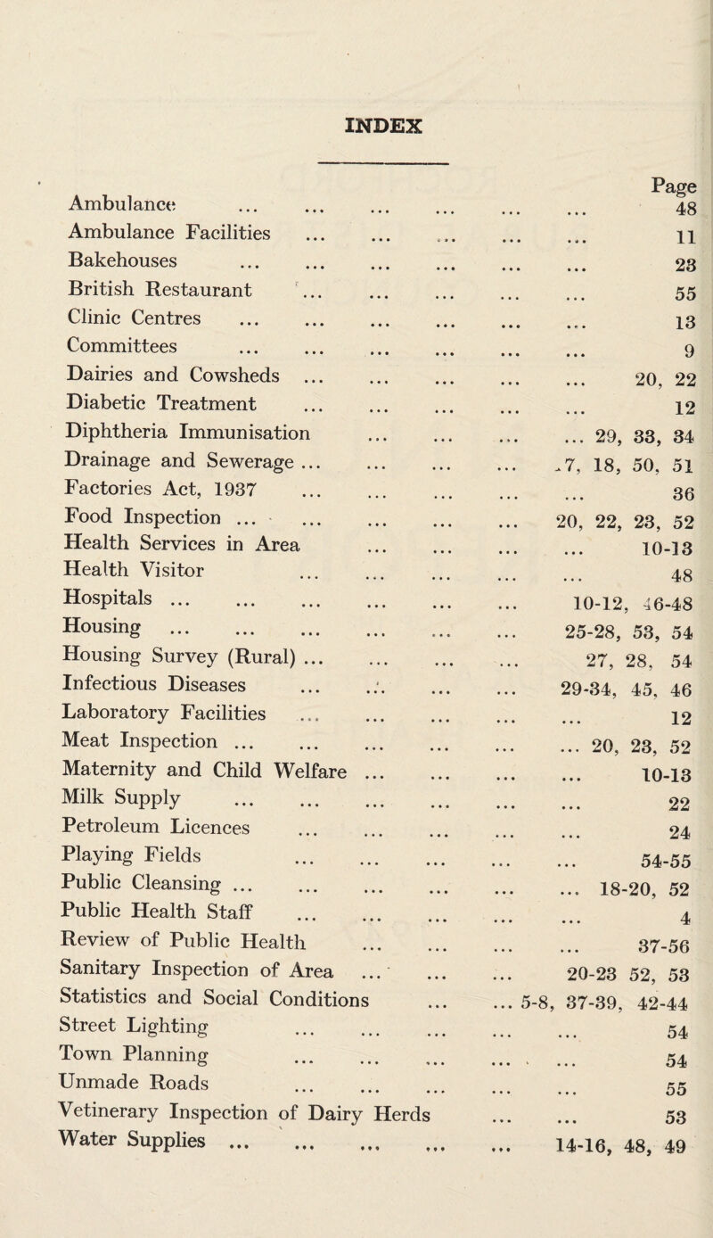 INDEX Ambulance Ambulance Facilities . Bakehouses British Restaurant Clinic Centres Committees Dairies and Cowsheds Diabetic Treatment Diphtheria Immunisation Drainage and Sewerage ... Factories Act, 1937 Food Inspection ... Health Services in Area Health Visitor Hospitals. Housing . Housing Survey (Rural). Infectious Diseases Laboratory Facilities . Meat Inspection. Maternity and Child Welfare ... Milk Supply . Petroleum Licences Playing Fields . Public Cleansing. Public Health Staff . Review of Public Health Sanitary Inspection of Area ... Statistics and Social Conditions Street Lighting Town Planning Unmade Roads . Vetinerary Inspection of Dairy Herds Water Supplies. Page ... ... 48 ... ... 11 . 23 . 55 • ... 13 ... ... 9 . 20, 22 ... ... 12 . 29, 33, 34 .7, 18, 50, 51 . 36 20, 22, 23, 52 . 10-13 AQ • • • • • • *tr (j 10-12, 46-48 25-28, 53, 54 27, 28, 54 29-34, 45, 46 ... ... 12 . 20, 23, 52 ... ... 10-13 22 ... ... 24 . 54-55 . 18-20, 52 ... ... 4 . 37-56 20-23 52, 53 ... 5-8, 37-39, 42-44 ... ... 54 ... * ... 54 ... ... 55 ... ... 53 14-16, 48, 49