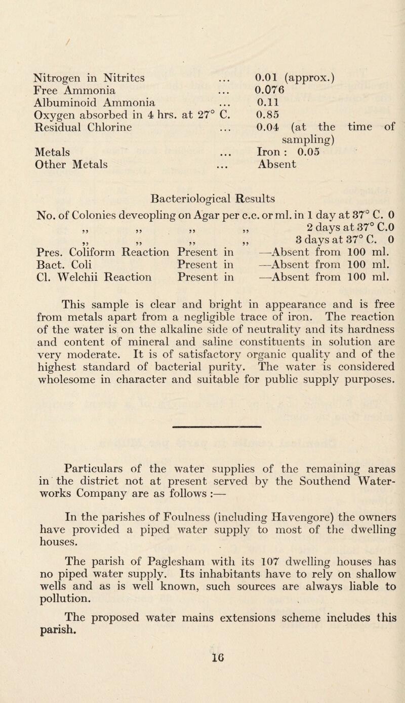 0.01 (approx.) 0.076 0.11 0.85 0.04 (at the time of sampling) Iron : 0.05 Absent Bacteriological Results No. of Colonies deveopling on Agar per c.c. or ml. in 1 day at 87° C. 0 „ „ „ ,, 2 days at 37° C.O ,, „ „ „ 8 days at 37° C. 0 Pres. Coliform Reaction Present in —-Absent from 100 ml. Bact. Coli Present in —Absent from 100 ml. Cl. Welchii Reaction Present in —-Absent from 100 ml. This sample is clear and bright in appearance and is free from metals apart from a negligible trace of iron. The reaction of the water is on the alkaline side of neutrality and its hardness and content of mineral and saline constituents in solution are very moderate. It is of satisfactory organic quality and of the highest standard of bacterial purity. The water is considered wholesome in character and suitable for public supply purposes. Nitrogen in Nitrites Free Ammonia Albuminoid Ammonia Oxygen absorbed in 4 hrs. at 27° C. Residual Chlorine Metals Other Metals Particulars of the water supplies of the remaining areas in the district not at present served by the Southend Water¬ works Company are as follows :— In the parishes of Foulness (including Havengore) the owners have provided a piped water supply to most of the dwelling houses. The parish of Paglesham with its 107 dwelling houses has no piped water supply. Its inhabitants have to rely on shallow wells and as is well known, such sources are always liable to pollution. The proposed water mains extensions scheme includes this parish.