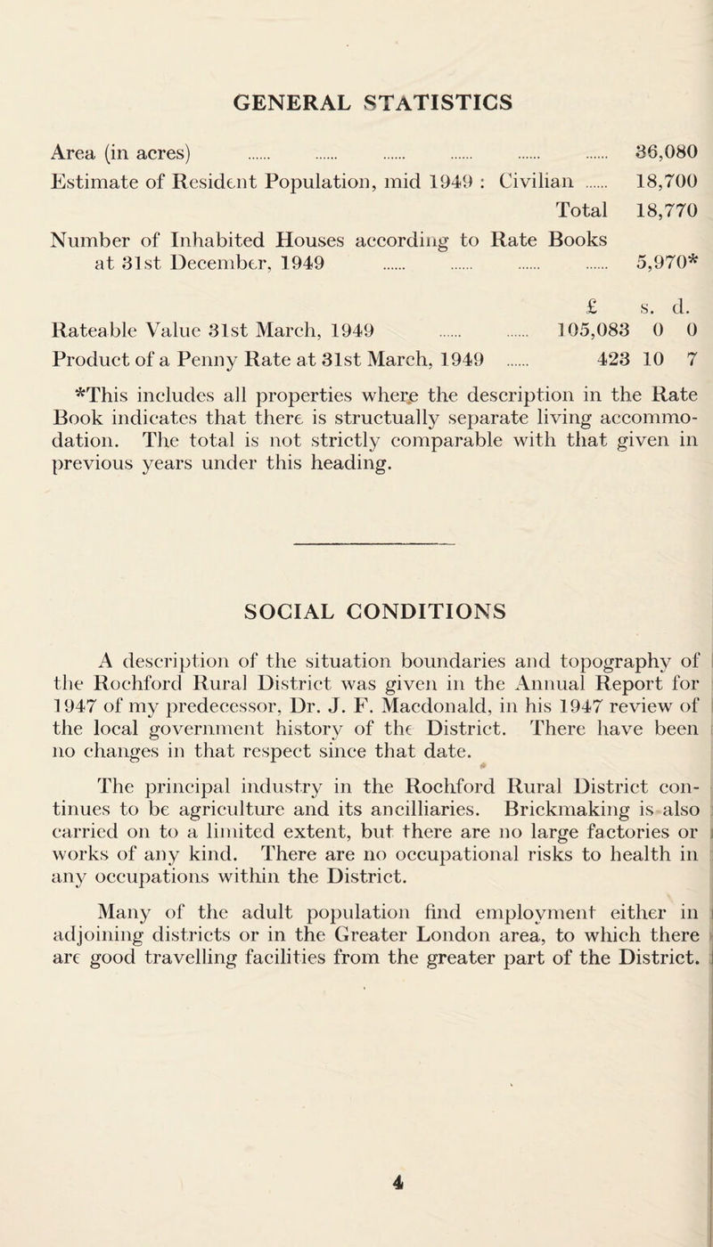 GENERAL STATISTICS Area (in acres) Estimate of Resident Population, mid 1949 : Civilian 36,080 18,700 18,770 Total Number of Inhabited Houses according to Rate Books at 31st December, 1949 5,970* £ s. d. Rateable Value 31st March, 1949 Product of a Penny Rate at 31st March, 1949 105,083 0 0 423 10 7 *This includes all properties where the description in the Rate Book indicates that there is structually separate living accommo¬ dation. The total is not strictly comparable with that given in previous years under this heading. SOCIAL CONDITIONS A description of the situation boundaries and topography of the Rochford Rural District was given in the Annual Report for 1947 of my predecessor, Dr. J. F. Macdonald, in his 1947 review of the local government history of the District. There have been no changes in that respect since that date. The principal industry in the Rochford Rural District con¬ tinues to be agriculture and its ancilliaries. Brickmaking is also carried on to a limited extent, but there are no large factories or works of any kind. There are no occupational risks to health in any occupations within the District. Many of the adult population find employment either in i adjoining districts or in the Greater London area, to which there are good travelling facilities from the greater part of the District, i