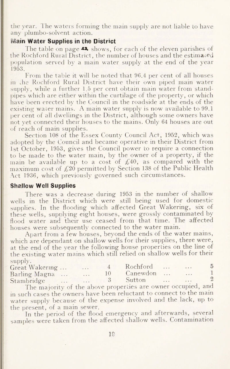 the year. 1 he waters forming the main supply are not liable to have any plumbo-solvent action. SViain Water Supplies in the District The table on page shows, for each of the eleven parishes of the Rochford Rural District, the number of houses and the estimated population served by a main water supply at the end of the year 1953. From the table it will be noted that 96.4 per cent of all houses m the Rochford Rural District have their own piped main water supply, while a further 1.5 per cent obtain main water from stand¬ pipes which are either within the curtilage of the property, or which have been erected by the Council in the roadside at the ends of the existing waler mams. A main water supply is now available to 99.1 per cent of all dwellings in the District, although some owners have not yet connected their houses to the mains. Only 64 houses are out of reach of mam supplies. Section 108 of the Essex County Council Act, 1952, which was adopted by the Council and became operative in their District from 1st October, 1953, gives the Council power to require a connection to be made to the water main, by the owner of a property, if the main be available up to a cost of £40, as compared with the maximum cost of A20 permitted by Section 138 of the Public Health Act 1936, which previously governed such circumstances. Shallow Well Supplies There was a decrease during 1953 in the number of shallow wells in the District which were still being used for domestic supplies. In the flooding which affected Great Wakermg, six of these wells, supplying eight houses, were grossly contaminated by flood water and their use ceased from that time. The affected houses were subsequently connected to the water mam. Apart from a few houses, beyond the ends of the water mams, which are dependant on shallow wells for their supplies, there were, at the end of the year the following house properties on the line of the existing water mains w7hich still relied on shallow wells for their supply. Great Wakermg ... ... 4 Rochford ... ... 5 Barling Magna ... ... 10 Canewdon ... ... 1 Stambridge ... ... 3 Sutton The majority of the above properties are owner occupied, and in such cases the owners have been reluctant to connect to the main water supply because of the expense involved and the lack, up to the present, of a mam sewer. In the period of the flood emergency and afterwards, several samples were taken from the affected shallow wells. Contamination