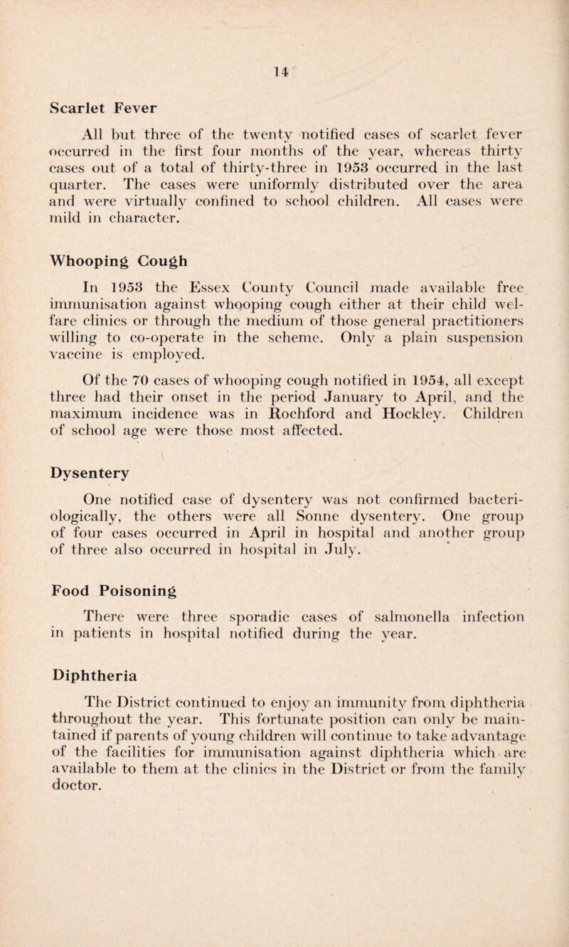 Scarlet Fever All but three of the twenty notified cases of scarlet fever occurred in the first four months of the year, whereas thirty eases out of a total of thirty-three in 1953 occurred in the last quarter. The cases were uniformly distributed over the area and were virtually confined to school children. All cases were mild in character. Whooping Cough In 1953 the Essex County Council made available free immunisation against whooping cough either at their child wel¬ fare clinics or through the medium of those general practitioners willing to co-operate in the scheme. Only a plain suspension vaccine is employed. Of the 70 cases of whooping cough notified in 1954, all except three had their onset in the period January to April, and the maximum incidence was in Rochford and Hockley. Children of school age were those most affected. Dysentery One notified case of dysentery was not confirmed bacteri- ologically, the others were all Sonne dysentery. One group of four cases occurred in April in hospital and another group of three also occurred in hospital in July. Food Poisoning There were three sporadic cases of salmonella infection in patients in hospital notified during the year. Diphtheria The District continued to enjoy an immunity from diphtheria throughout the year. This fortunate position can only be main¬ tained if parents of young children will continue to take advantage of the facilities for immunisation against diphtheria which are available to them at the clinics in the District or from the family doctor.