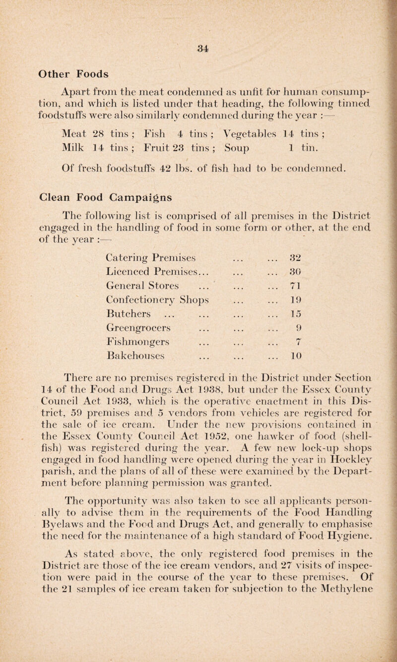 Other Foods Apart from the meat condemned as unfit for human consump¬ tion, and which is listed under that heading, the following tinned foodstuffs were also similarly condemned during the year : Meat 28 tins ; Fish 4 tins ; Vegetables 14 tins ; Milk 14 tins ; Fruit 23 tins ; Soup 1 tin. Of fresh foodstuffs 42 lbs. of fish had to be condemned. Clean Food Campaigns The following list is comprised of all premises in the District engaged in the handling of food in some form or other, at the end of the year :—- Catering Premises ... 32 Licenced Premises... ... 30 General Stores ... 71 Confectionery Shops ... 19 Butchers ... 15 Greengrocers 9 Fishmongers 7 Bakehouses ... 10 There are no premises registered in the District under Section 14 of the Food and Drugs Act 1938, but under the Essex County Council Act 1933, which is the operative enactment in this Dis¬ trict, 59 premises and 5 vendors from vehicles are registered for the sale of ice cream. Under the new provisions contained in the Essex County Council Act 1952, one hawker of food (shell¬ fish) was registered during the year. A few new lock-up shops engaged in food handling were opened during the year in Hockley parish, and the plans of all of these were examined by the Depart¬ ment before planning permission was granted. The opportunity was also taken to see all applicants person¬ ally to advise them in the requirements of the Food Handling Byelaws and the Food and Drugs Act, and generally to emphasise the need for the maintenance of a high standard of Food Hygiene. As stated above, the only registered food premises in the District are those of the ice cream vendors, and 27 visits of inspec¬ tion were paid in the course of the year to these premises. Of the 21 samples of ice cream taken for subjection to the Methylene