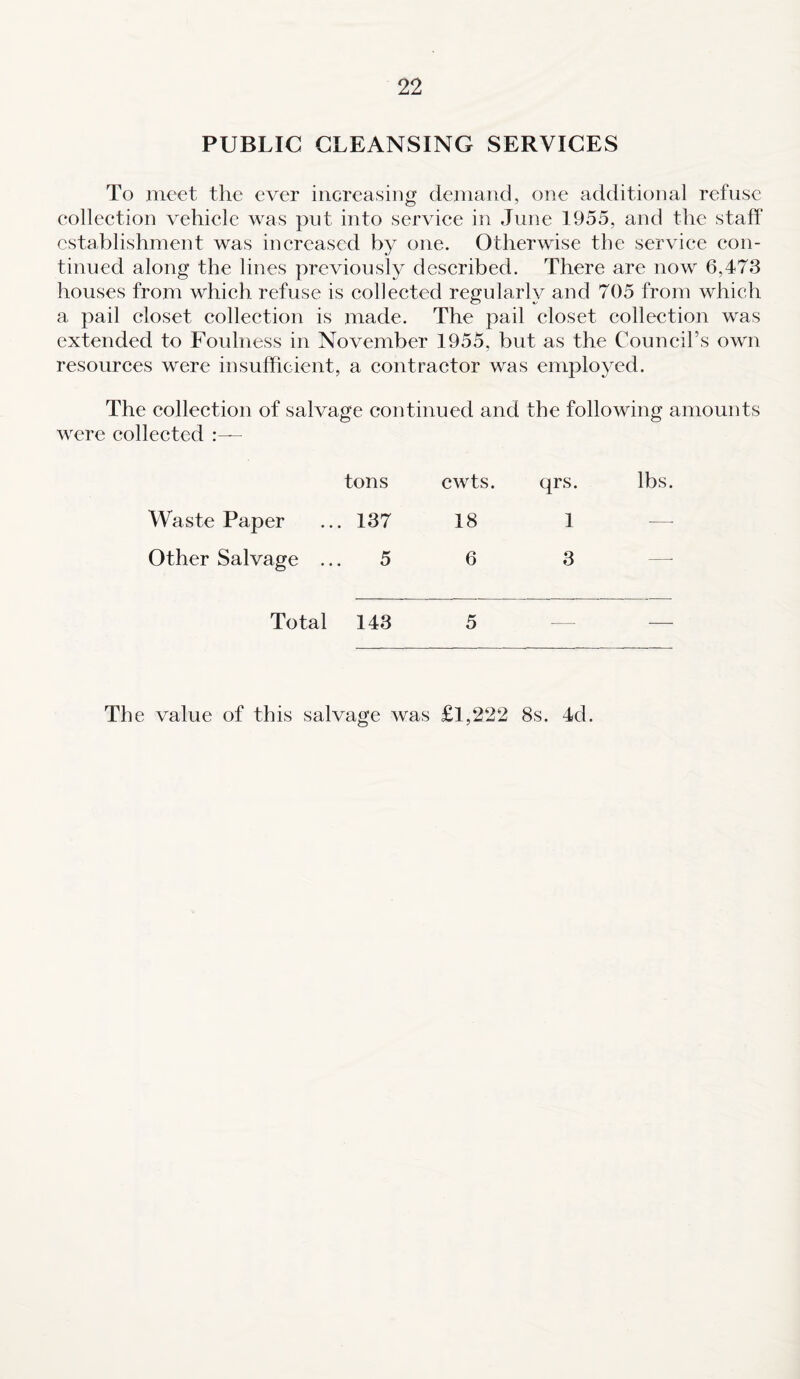 PUBLIC CLEANSING SERVICES To meet the ever increasing demand, one additional refuse collection vehicle was put into service in June 1955, and the staff establishment was increased by one. Otherwise the service con¬ tinued along the lines previously described. There are now 6,473 houses from which refuse is collected regularly and 705 from which a pail closet collection is made. The pail closet collection was extended to Foulness in November 1955, but as the Council’s own resources were insufficient, a contractor was employed. The collection of salvage continued and the following amounts were collected tons cwts. qrs. lbs. Waste Paper . 137 18 1 -—- Other Salvage .. 5 6 3 —- Total 143 5 — — The value of this salvage was £1,222 8s. 4d.