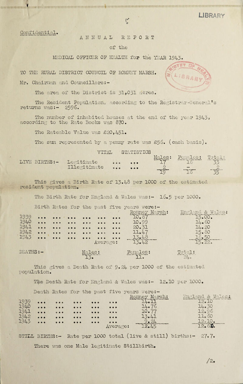 library Confidential • ANNUAL REPORT of the MEDICAL OFFICER OF HEALTH fop the TEAR 1943. TO THE RURAL DISTRICT COUNCIL OF ROMNEY MARSH. Mr. Chairman and Councillors:- The area of the District is 31,031 acres. The Resident Population, according to the returns was:- 2396. The number of inhabited houses at the end according to the Rate Books was 870. The Rateable Value was £20,451* The sum represented by a penny rate was £36. (cash basis). VITAL STATISTICS LIVE BIRTHS:- Legitimate • • 9 • • ft Males: ar Females: l'F Total • ~33 Illegitimate ♦ • ft ft ft • 2 2 19 TT 33 This gives a Birth Rate of 13*48 per 1000 of the estimated resident population. Registrar-General1s of the year 1943? The Birth Rate for England & Wales was:- 16*3 per 1000. Birth Rates for the past five years were:- England & Wales: 1939 10787 15.00. 1940 10.99 14.60 1941 20.31 14.20 1942 • t • « • • ft • ft ft © • ft • © ft ft ft 11.47 15. 80 1943 16.50 Average: 13.42 15.22. DEATHS:- Males: Females: Total: 13. 11.1 24, This gives a Death Rate of 9* 24 per 1000 of the estimated population. Tlfie Dehth Rate for England & Wales was:- 12.10 per 1000. Death Rate s for the past five years 'were:- Romney Marsh: England & V/al 1939 • t • P t « © ft • ft ft ft 6 * ft 14* 11 12.10 1940 • ft ft • ft ft • 99 ft ft ft • • i 14.76 14.30 1941 • • • ft ft ft ... ... . . B 10.77 12.96 1942 • • • 9 9% ft ft ft ft • ft ft • ft 13.41 11. 60 1943 ... ... ft ft ft ••• ft • • 9.24 12:, 10. Average: 12.45 1 STIHL BIRTHS:- Rate per 1000 total (live & still) There was one Male legitimate Stillbirth. births:- 27.7.