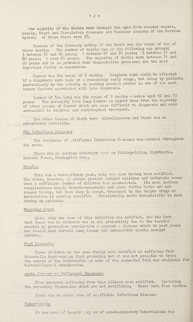 the majority of the deaths were amongst the aged from natural causes, namely. Heart and Circulatory Diseases and Vascular lesions of the Nervous System; of those there were 37- Disease of the Coronary Artery of the Heart was the cause of ten of those deaths. The number of deaths was in the following age groups, 3 between 31 and 60 years; 1 between 6l and 70 years; 3 between 71 and 80 years; 1 over 80 years. The majority of deaths were between 71 and 80 years and it is probable that degenerative processes are the most important factor in causation. Cancer was the cause of 9 deaths. Complete cure could be effected if a diagnosis were made at a reasonably early stage, but delay by patients particularly by the elderly in seeking medical advice is one of the most common factors associated with late diagnosis. Cancer of the Lung was the cause of 2 deaths - males aged 62 anu 73 years. The mortality from Lung Cancer is higher than from the majority of other groups of Cancer which are less difficult to diagnosis and more accessible to surgical and radiological treatment. The other causes of death were miscellaneous and there was no exceptional mortality. . t The Infectious Diseases The incidence of * .otifiable Infectious Diseases was minimal throughout the year. There was no serious infection such as Poliomyelitis, Diphtheria, Enteric Fever, Meningitis etc... Measles This was a non-epidemic year, only one case having been notified. The virus, however, is always present amongst children and outbreaks occur when a sufficient number of children ha,s accumulated. Its more serious complications namely Broncho-pneumonia and Acute Otitis Media are not common to-day, but when they do occur, treatment by the Sulpha drugs or Antibiotics is usually specific. Occasionally Acute Encephalitis is seen during an epidemic. Whooning Gough Also, only one case of this infection was notified, and the fact that there v/as no outbreak was in all probability due to the barrier created by preventive vaccination — against a disease which in past years has caused much chronic lung damage and innumerable deaths amongst inf ant s. Food Poisoning Three children in the same family were notified as suffering from Salmonella typhi-murium food poisoning but it was not possible to trace the source of the Salmonellae as none of the suspected food was available for bacteriologiced examination. Acute Primary_or Influeiigad Pneumonia Five patients suffering from this illness were notified. Including the secondary Pneumonias which are not notifiable, there were four deaths. There was no other case of notifiable Infectious Disease. Tuberculosis No new case of Respirr Ary or of non-Respiratory Tuberculosis was