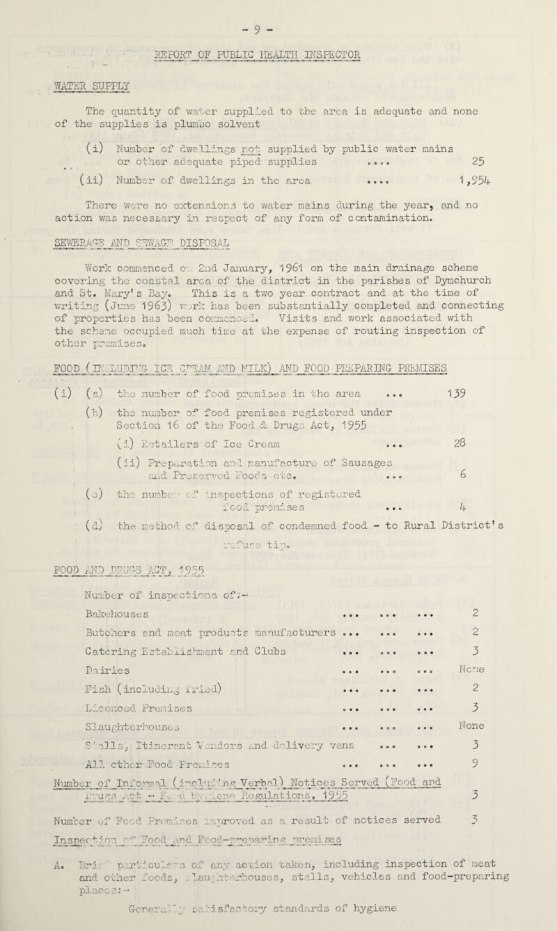 REPORT OF PUBLIC I1EALTH_JPjSHijCTQR WATER SUPPLY The quantity of water supplied to the area is adequate and none of the supplies is plumbo solvent (i) Number of dwellings not supplied by public water mains or other adequate piped supplies .... 25 * • i (ii) Number of dwellings in the area .... 1,954 There were no extensions to water mains during the year, and no action was necessary in respect of any form of contamination. SEWERAGE AND SEWAGE DISPOSAL Work commenced or 2nd January, 1961 on the main drainage scheme covering the coastal area of the district in the parishes of Dymchurch and St. Mary*s Bay. This is a two year contract and at the time of writing (June 1963) work has been substantially completed and connecting of properties has been commenced. Visits and work associated with the scheme occupied much time at the expense of routing inspection of other promises. FOOD ( hi jlubft; ice cream and milk) and food preparing- premises the number of food premises in the area ... 139 the number of food premises registered under Section 16 of the Food & Drugs Act, 1955 ^i) Retailers of Ice Cream ... 28 (ii) Preparation and manufacture of Sausages and Preserved Foods etc. ... 6 the numbe' <_:? inspections of registered food premises ... 4 the method cf disposal of condemned food - to Rural District’s refuse tip. FOOD AND .DRIJO-S ;.CT; 1955 Number of inspections of:~ Bakehouses ... Butchers and meat products manufacturers ... Catering Establishment and Clubs ... Dairies Fish (including tried) ... Licenced Premises ... Slaughterhouses S tills, Itinerant Vendors and delivery vans All ether .Food Premises Number of Informal (including Verbal) Notices S< Drugs Act - if d b’vgiene Regulations, 1955 • o a o o • O O €1 0*0 o a • 0 # © o t 000 00c 00c id (Food and 2 2 3 None 2 3 None 3 9 Number of Food Frondres improved as a result of notices served Inspection_of JFqod and Food~preparing premises A. Brie particulars of any action taken, including inspection of meat and other .foods, . Jauirberbouses, stalls, vehicles and food-preparing places:- General 7y satisfactory standards of hygiene