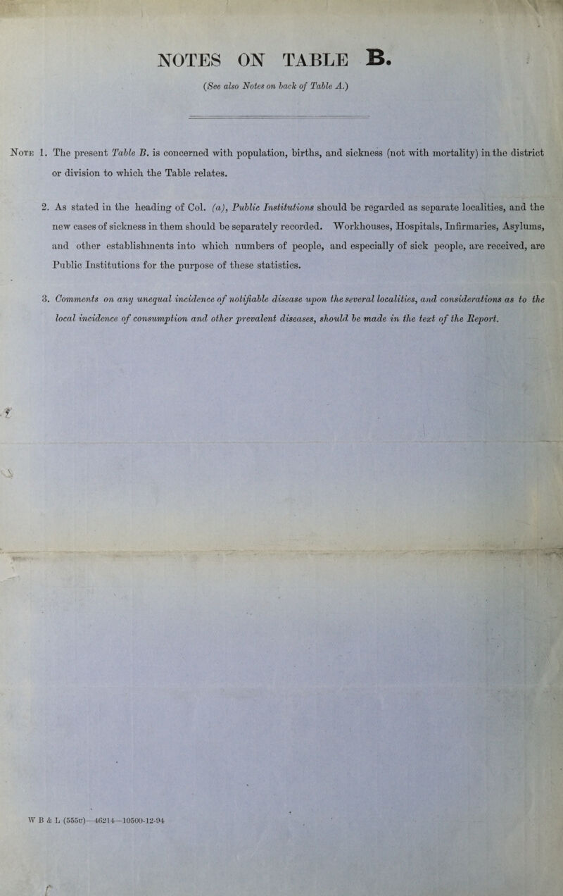 NOTES ON TABLE B. (See also Notes on bach of Table A.) Note 1. The present Table B. is concerned with population, births, and sickness (not with mortality) in the district or division to which the Table relates. 2. As stated in the heading of Col. (a), Public Institutions should be regarded as separate localities, and the new cases of sickness in them should be separately recorded. Workhouses, Hospitals, Infirmaries, Asylums, and other establishments into which numbers of people, and especially of sick people, are received, are Public Institutions for the purpose of these statistics. 3. Comments on any unequal incidence of notifiable disease upon the several localities, and considerations as to the local incidence of consumption and other prevalent diseases, should, be made in the text of the Report. f A W B & L (555u)—46214—10500-12-94 r