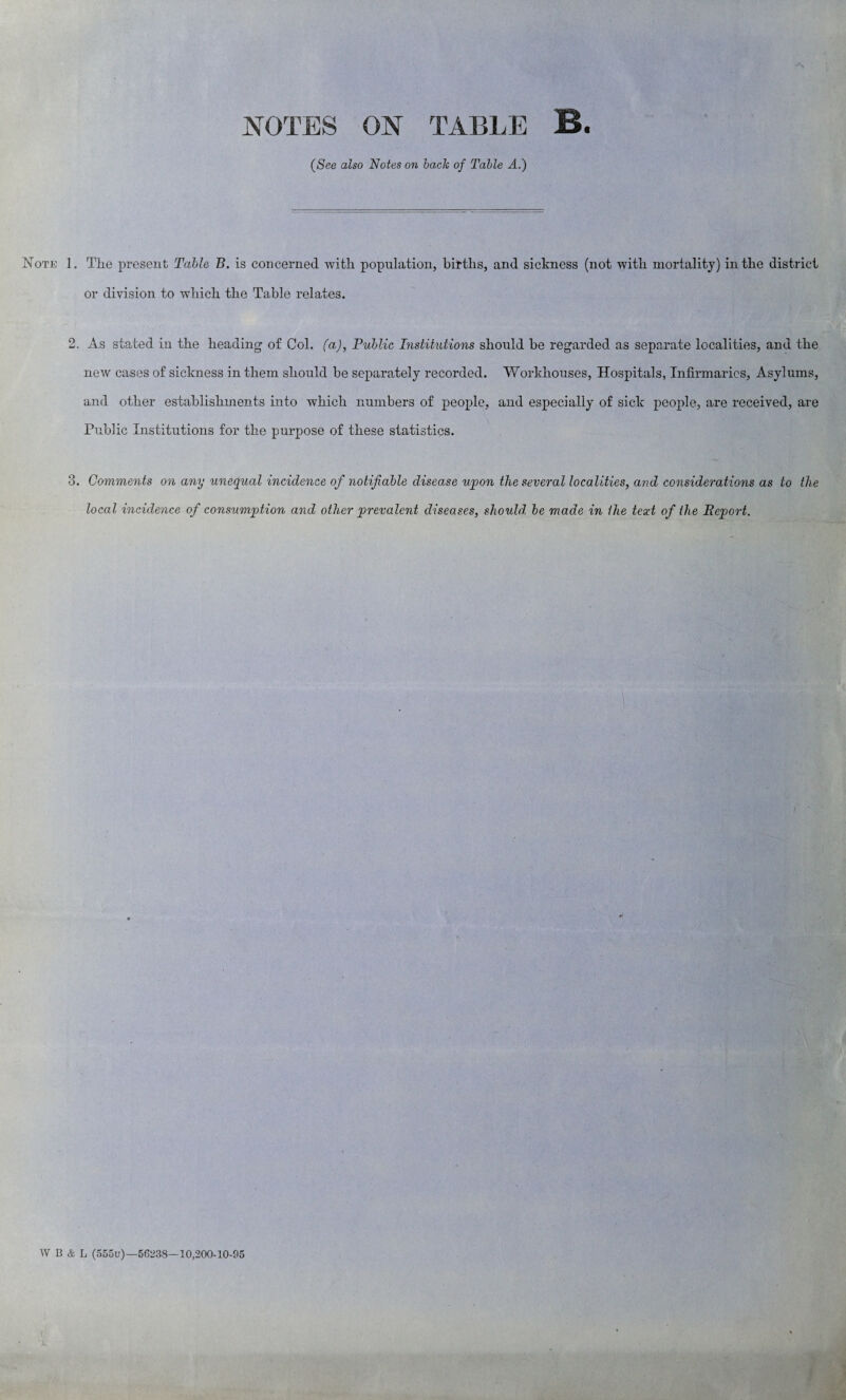 NOTES ON TABLE B. (See also Notes on bach of Table A.) Note 1. Tlie present Table B. is concerned with, population, births, and sickness (not with mortality) in the district or division to which the Table relates. 2. As stated in the heading of Col. (a), Public Institutions should be regarded as separate localities, and the new cases of sickness in them should be separately recorded. Workhouses, Hospitals, Infirmaries, Asylums, and other establishments into which numbers of people, and especially of sick people, are received, are Public Institutions for the purpose of these statistics. 3. Comments on any unequal incidence of notifiable disease upon the several localities, and considerations as to the local incidence of consumption and other prevalent diseases, should, be made in the text of the Report.