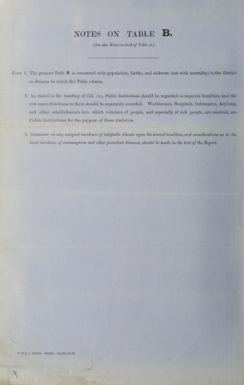 NOTES ON TABLE B. (See also Notes on bach of Table A.) Note 1. Tlie present Table B. is concerned with population, births, and sickness (not with mortality) in the district or division to which the Table relates. 2. As stated in the heading of Col. (a), Public Institutions should be regarded as separate localities, and the new cases of sickness in them should be separately recorded. Workhouses, Hospitals, Infirmaries, Asylums, and other establishments into which numbers of people, and especially of sick people, are received, are Public Institutions for the purpose of these statistics. 3. Comments on any unequal incidence of notifiable disease upon the several localities, and considerations as to tlie local incidence of consumption and other prevalent diseases, should, be made in the text of the Report.