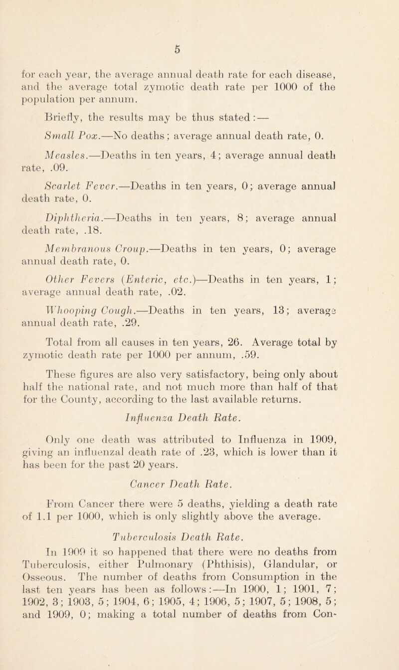 for each year, the average annual death rate for each disease, and the average total zymotic death rate per 1000 of the population per annum. Briefly, the results may be thus stated: — Small Pox.—No deaths; average annual death rate, 0. Measles.—Deaths in ten years, 4; average annual death rate, .09. Scarlet Fever.—Deaths in ten years, 0; average annual death rate, 0. Diphtheria.—Deaths in ten years, 8; average annual death rate, .18. Membranous Croup.—Deaths in ten years, 0; average annual death rate, 0. Other Fevers (Enteric, etc.)—Deaths in ten years, 1; average annual death rate, .02. Whooping Cough.—Deaths in ten years, 13; average annual death rate, .29. Total from all causes in ten years, 26. Average total by zymotic death rate per 1000 per annum, .59. These figures are also very satisfactory, being only about half the national rate, and not much more than half of that for the County, according to the last available returns. Influenza Death Rate. Only one death was attributed to Influenza in 1909, giving an influenzal death rate of .23, which is lower than it has been for the past 20 years. Cancer Death Rate. From Cancer there were 5 deaths, yielding a death rate of 1.1 per 1000, which is only slightly above the average. Tuberculosis Death Rate. In 1909 it so happened that there were no deaths from Tuberculosis, either Pulmonary (Phthisis), Glandular, or Osseous. The number of deaths from Consumption in the last ten years has been as follows:—In 1900, 1; 1901, 7; 1902, 3; 1903, 5; 1904, 6; 1905, 4; 1906, 5; 1907, 5; 1908, 5; and 1909, 0; making a total number of deaths from Com