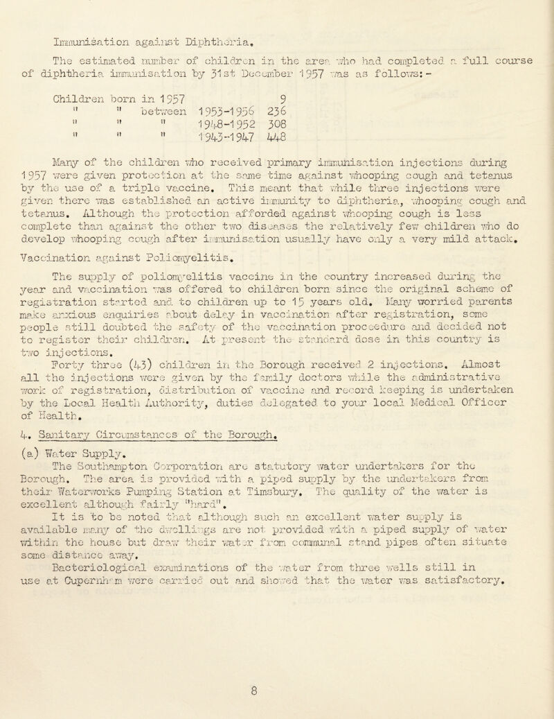 Immunisation against Diphtheria, The estimated number of children in the area who had completed a full course of diphtheria immunisation by 31 st December 1957 was as f o Hows: - Children born in 1 957 s? ** between S? t! J? ft tt 1953-1956 1948-1952 1943-1947 9 236 308 4-4-8 Many of the children who received primary immunisation injections during 1 957 were given protection at the same time against whooping cough and tetanus by the use of a. triple vaccine. This meant that while three injections were given there was established an active immunity to diphtheria., whooping cough and tetanus. Although the protection afforded against whooping cough is less complete than against the other two diseases the relatively few children who do develop whooping cough after immunisation usually have only a very mild attack. Vaccination against Poliomyelitis. The supply of poliomyelitis vaccine in the country increased during the year and vaccination was offered to children born since the original scheme of registration started and to children up to 15 years old. Many worried parents make anxious enquiries about delay in vaccination after registration, some people still doubted the safety of the vaccination proceedure and decided not to register their children. At present the standard dose in this country is two injections. Forty three (43) children in the Borough received 2 injections. Almost all the injections were given by the family doctors while the administrative work of registration, distribution of vaccine and record keeping is undertaken by the Local Health Authority, duties delegated, to your local Medical Officer of Health. 4. Sanitary Circumstances of the Borough. (a) Water Supply. The Southampton Corporation are statutory water undertakers for the Borough. The area is provided with a piped supply by the undertakers from their Waterworks Pumping Station at Timsbury. The quality of the water is excellent although fairly l,hard”. It is 'to be noted that although such an excellent water supply is available many of the dwellings are not provided with a. piped supply of water within the house but draw their water from communal stand pipes often situate some distance away. Bacteriological examinations of the water from three wells still in use at Cupernhvm were carried out and showed that the water was satisfactory.