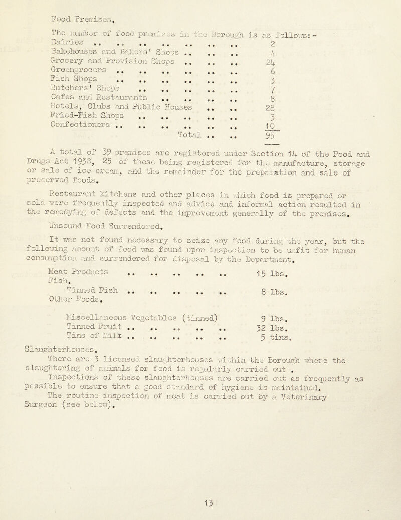 Food Prernis The ilumber of food premises m Dairies .0 Bakehouses and Bakers’ Shops G-rocery and Provision Shop Gr e engr o o or s Fish Shops i-L who Borough is as follows: - >s 9 9 9 9 o • 9 Butchers 1 Shops Cafes and Restaurants iotels. Clubs and Public Houses 9 C • 9 « 9 • « 9 4» n Frie d-Fis h Shops Confec tioners 9 9 9 9 • 9 9 9 0 9 9 9 9 9 9 9 Total 9 9 2 L t 24 6 3 7 8 28 3 12. 95 A total of 39 premises are registered under Section 14 of the Food and Drugs iict 193o, 25 or tnese being registered for the manufacture, storage or sale of ice cream, and the remainder for the preparation and sale of preserved foods. Restaurant kitchens and other planes in which food is prepared or sold were Iroquently inspected and advice and informal action resulted, in bho remedying or defects and the improvement generally of the premises* Unsound Pood Surrendered. It was not found necessary to seize any food during the year, but the following amount of food mas found upon inspection to be unfit for human consumption and surrendered for disposal by the Department* Meat Products Fish. Tinned Fish Other Foods* 9 9 15 lbs* 8 lbs. n -L».' Miscellaneous Vegetables (tinned) Tinned Fruit .. Tins of Milk .. 9 9 9 O 9 O 9 9 9 9 9 9 9 • 9 lbs. 32 lbs. 5 tins Slaughterhous es. There are 3 licensed slaughterhouses within the Borough -where the slaughtering of animals for food is regularly carried out . Inspections of these slaughterhouses are carried out as frequently as possible to ensure that a good standard of hygiene is maintained* The routine inspection of meat is carried out by a Veterinary Burgeon (see b clow).