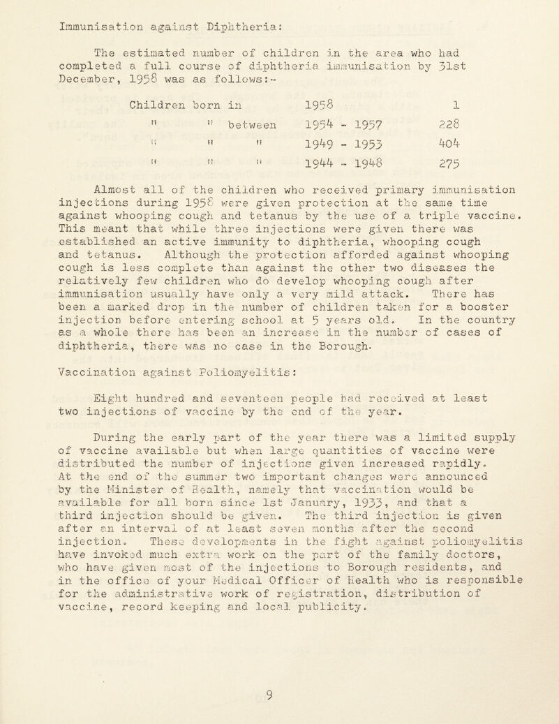 Immunisation against Diphtherias The estimated number of children in the screa who had completed a full course of diphtheria, iinmunisation by 31ot December, 1958 wa.s as follows s~ Children born in between H ft ?? I i t! 11 195« 1 1954 - 1957 228 1949 - 1953 4o4 1944 - 1948 275 Almost all of the children who received primary immu.nisation injections during 1958 were given protection at the same time against v/hooping cough and tetanus by the use of a trip.le vaccine This meant that while three injections v/ere given there was established an active immunity to diphtheria, whooping cough and tetanus. Although the p?ootection afforded cogainst whooping cough is less complete than against the other two diseases the relatively few children who do develop whooping cough after immunisation usually have only a very mild attack. There has been a marked drop in t.he number of children taken for a booster injection before ente.ring school a,t 5 years old. In the country as a whole there diphther 0 has been an increase in the number of cases of there was no case in the Borough. Vaccination against Poliomyelitis Eight hundred and seventeen people bad received at least two injections of vacc-ine by the end o f the ye.?..r During the early part of the year there ivas a limited supply of vaccine available but v/han la.rge quantities of vaccine were distributed the .number of injections given inci'eased rapidly. At the end of the summ.er two important changes were announced by the Minister of Plealth, namely that vaccination would be available for all born since 1st Janu<-ary, 1933 9 tha.t a third injection should be give.r.i. The third injectio.n is given after an interval of at least seven months after the second injection Th ese developments in the fd.ght against polio.myelitis have invoked much extra work on the part of the family doctors, v/ho have given most of the in.jections to Borough residents, and in the office of your Medical Officer of Health who is responsible for the administrative XA/ork of registration, distr.ibution of vaccine, record keeping and local publicity.