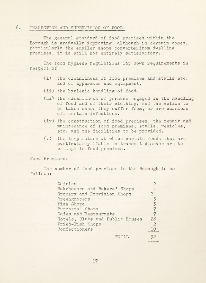 The general standard of food premises within the Borough is gradually improving, although in certain cases, particularly the smaller shops converted from dwelling premises, it is still not entirely satisfactory. The food respect of hygiene regulations lay down requirements in (i) the cleanliness of food premises and stalls etc. and of apparatus and equipment. (ii) the hygienic handling of food. (iii) the cleanliness of persons engaged in the handling of food and of their clothing, and the action to be taken where they suffer from, or are carriers of, certain infections. (iv) the construction of food premises, the repair and maintenance of food premises, stalls, vehicles, etc. and the facilities to be provided. (v) the temperature at which certain foods that are particularly liable to transmit disease are to be kept in food premises. Food Premises: The number of food premises in the Borough is as foilows:- Dciiries 2 Bakehouses and Bakers 9 Shops 4 Grocery and Provision Shops 24 Greengrocers 5 Fish Shops 3 Butchers 9 Shops 7 Cafes and Restaurants 7 Hotels, Clubs and Public Houses 28 Fried-Fish Shops 2 Confectioners 10 TOTAL 92 17