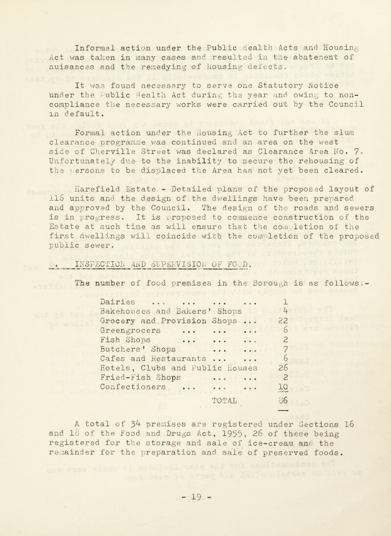 Informal action under the Public health Acts and Housing- Act was taken in many cases and resulted in the abatement of nuisances and the remedying of housing defects. It was found necessary to serve one Statutory Notice under the Public Health Act during the year and owing to non- compliance the necessary works were carried out by the Council in default* Formal action under the Housing Act to further the slum clearance programme vras continued and an area on the west side of Cherville Street was declared as Clearance Area No. 7« Unfortunately due to the inability to secure the rehousing of the persons to be displaced the Area has not yet been cleared* Harefield Estate - Detailed plans of the proposed layout of 116 units and the design of the dwellings have been prepared and approved by the Council. The design of the roads and sewers is in progress. It is proposed to commence construction of the Estate at such time as will ensure that the completion of the first dwellings will coincide with the completion of the proposed public sewer. INSPECTION AND SUPERVISION OF FOOD. The number of food premises in the Borough is as follows Dairies O O • Bakehouses and Bakers' Shops Grocery and Provision Shoxos . 0 . Greengrocers ... ... •.. Fish Shops ... ... •.» Butchers ’ Shops ... ... Cafes and Restaurants ... ... Hotels, Clubs and Public Houses Fried-Fish Shops ... ... Confectioners ... ... ... 1 4 22 6 2 7 6 26 2 10 TOTAL 86 A total of premises are registered under Sections 16 and lo of the Food and Drugs Act, 1935? 26 of these being- registered for the storage and sale of ice-cream and the remainder for the preparation and sale of preserved foods.