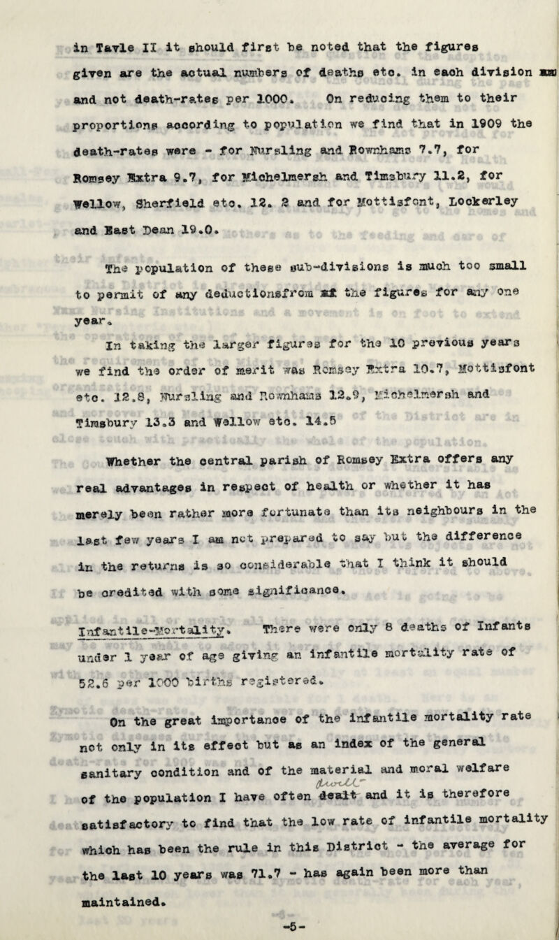 in Tavle II it should first be noted that the figures given are the actual numbers of deaths etc. in each division man and not death-rates per 1000. On reducing them to their proportions according to population we find that in 1909 the death-rates were - for Fursling and Rowrhams 7.7, for Romsey Extra 9.7, for Miohelmergh and Timsbury 11.2, for Wellow, Sherfield etc. 12. 2 and for Mottisfont, Lockerley and Bast Dean 19.0. i The population of these sub—divisions is much too small to permit of any deductionsfrom mt the figures for any one year. In taking the larger figures for the 10 previous years we find the order of merit was Rex&sey Extra 10.7, Mottisfont etc. 12.8, Fursling and Rbwnhama 12.9, Michelmersh and Timsbury 13.3 and Wallow etc. 14.5 Whether the central parish of Rcmsey Extra offers any real advantages in respect of health or whether it has merely been rather more fortunate than its neighbours in the last few years I am not prepared to say but the difference in the returns is so considerable that I thunlc it should be oreditad with some significance. Infantile-Mortality. There were only 8 deaths of Infants under 1 year of age giving an infantile mortality rate? of 52.6 per 1000 births registered. On the great importance of the infantile mortality rate not only in its effect but as an index of the general sanitary condition and of the material and me.; al vidiare flsUrtsCC I of the population I have often dealt and i^ is therefore eatisfactory to find that the low rate of infantile mortality which has been the rule in this District - the average for the last 10 years was 71.7 - has again been more than maintained. ■5-