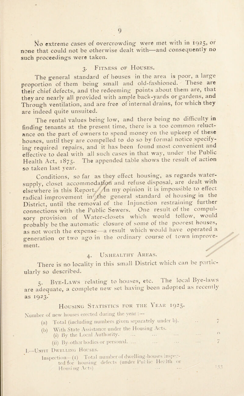 No extreme cases of overcrowding- were met with in 1925, or none that could not be otherwise dealt with—and consequently no such proceedings were taken. n o- Fitness of Houses. The general standard of houses in the area is poor, a large proportion of them being small and old-fashioned. these are their chief defects, and the redeeming points about them are, that they are nearly all provided with ample back-yards or gardens, and Through ventilation, and are free of internal drains, for which they are indeed quite unsuited. The rental values being low, and there being no difficulty in finding tenants at the present time, there is a too common reluct¬ ance on the part of owners to spend money on the upkeep of these houses, until they are compelled to do so by formal notice specify¬ ing required repairs, and it has been found most convenient and effective to deal with all such cases in that way, under the Public Health Act, 1875. The appended table shows the result of action so taken last year. Conditions, so far as they effect housing, as regards water- supply, closet accommodation and refuse disposal, are dealt with elsewhere in this Report. In my opinion it is impossible to effect radical improvement in the general standard of housing in the District, until the removal of the Injunction restraining further connections with the Public Sewers. One result of the compul¬ sory provision of Water-closets which would follow, would probably be the automatic closure of some of the poorest houses, as not worth the expense—a result which would have operated a generation or two ago in the ordinary course of town improve¬ ment. 4. Unhealthy Areas. There is no locality in this small District which can be pnitic- ularly so described. Bye-Laws relating to houses, etc. I he local Bye-laws are adequate, a complete new set having been adopted as lecenily as 1923.' Housing Statistics for the Year 1925. A Number of new houses erected during the year : - (a) Total (including numbers given separately under b). .. 7 (b) With State Assistance under the Housing Acts. (j) By the Local Authority. ... ... ••• ••• ° (ii) By.other bodies or personal. ... ... ••• ••• 7 P_Unfit Dwelling Houses. Inspection— (1) Total number of dwelling-houses inspec¬ ted for housing defects (under Pu! he Health 01 Housi ng Acts)