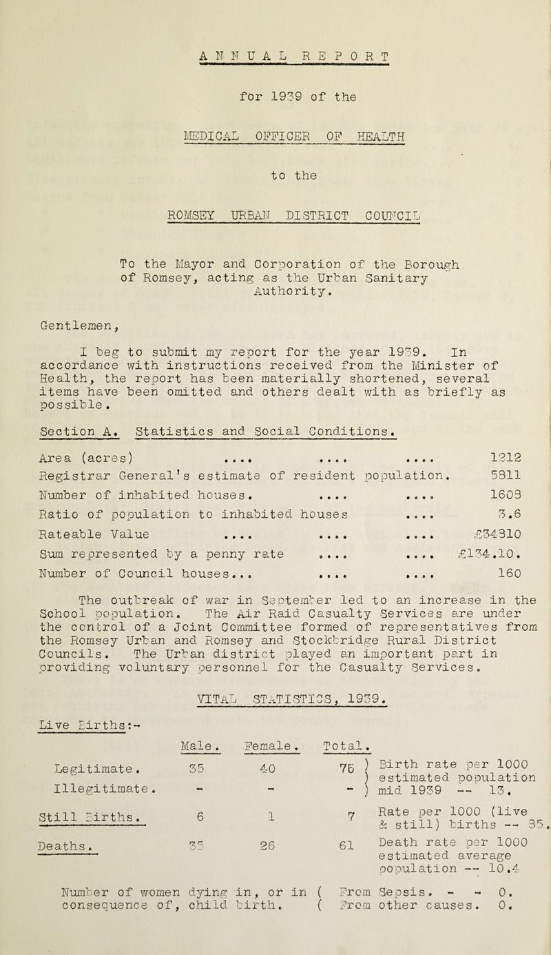 A N N U A T REPORT for 1939 of the MEDICAL OPEICER OP HEALTH to the ROMSEY URBAN DISTRICT COUNCIL To the Mayor and Corporation of the Borough of Romsey, acting as the Urban Sanitary Authority. Gentlemen, I beg to submit my report for the year 1939. In accordance with instructions received from the Minister of Health, the report has been materially shortened, several items have been omitted and others dealt with as briefly as po s sible. Section A, Statistics and Social Conditions. Area (acres) • • • • • • • • • • • • 1212 Registrar General’s estimate of resident population. 5311 Number of inhabited houses. • • • e • 600 1603 Ratio of population. to inhabited houses • 6 O • 3.6 Rateable Value • • • • • •01 • 0 • • £34310 Sum represented by i a penny rate • • • 9 • • • • £134.10. Number of Council houses... • 0 0 • • 0 0 • 160 The outbreak of war in September led to an increase in the School population. The Air Raid Casualty Services are under the control of a Joint Committee formed of representatives from the Romsey Urban and. Romsey and St oc kb ridge Rural District Councils. The Urban district played an important part in providing voluntary personnel for the Casualty Services. vita: L ST AT I ST I CS, 193 9. Live Eirths:- Male . Female . Total. Legitimate. Illegitimate. 35 40 ™i - ) Birth rate per 1000 estimated population mid 1939 -- 13. Still Births. 6 1 7 Rate per 1000 (live 5c still) births -- 35. Deaths. n> F 26 61 Death rate per 1000 estimated average population — 10.4 Number of women dying in, or in ( Prom Sepsis. - - 0.