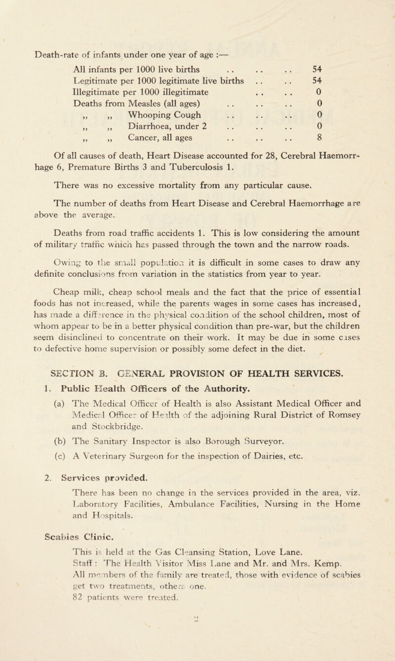 Death-rate of infants under one year of age :— All infants per 1000 live births . . . . .. 54 Legitimate per 1000 legitimate live births . . . . 54 Illegitimate per 1000 illegitimate . . . . 0 Deaths from Measles (all ages) . . . . . . 0 ,, ,, Whooping Cough . . . . . . 0 ,, ,, Diarrhoea, under 2 . . . . . . 0 ,, „ Cancer, all ages . . . . .. 8 Of all causes of death, Heart Disease accounted for 28, Cerebral Haemorr¬ hage 6, Premature Births 3 and Tuberculosis 1. There was no excessive mortality from any particular cause. The number of deaths from Heart Disease and Cerebral Haemorrhage are above the average. Deaths from road traffic accidents 1. This is low considering the amount of military traffic which has passed through the town and the narrow roads. Owing to the small population it is difficult in some cases to draw any definite conclusions from variation in the statistics from year to year. Cheap milk, cheap school meals and the fact that the price of essential foods has not increased, while the parents wages in some cases has increased, has made a difference in the physical condition of the school children, most of whom appear to be in a better physical condition than pre-war, but the children seem disinclined to concentrate on their work. It may be due in some cases to defective home supervision or possibly some defect in the diet. SECTION 3. GENERAL PROVISION OF HEALTH SERVICES. 1. Public Health Officers of the Authority. (a) The Medical Officer of Health is also Assistant Medical Officer and Medical Officer of Health of the adjoining Rural District of Romsey and Stockbridge. (b) The Sanitary Inspector is also Borough Surveyor. (c) A Veterinary Surgeon for the inspection of Dairies, etc. 2. Services provided. There has been no change in the services provided in the area, viz. Laboratory Facilities, Ambulance Facilities, Nursing in the Home and Hospitals. Scabies Clinic. This is held at the Gas Cleansing Station, Love Lane. Staff : The Health Visitor Miss Lane and Mr. and Mrs. Kemp. All members of the family are treated, those with evidence of scabies get two treatments, others one. 82 patients were treated.