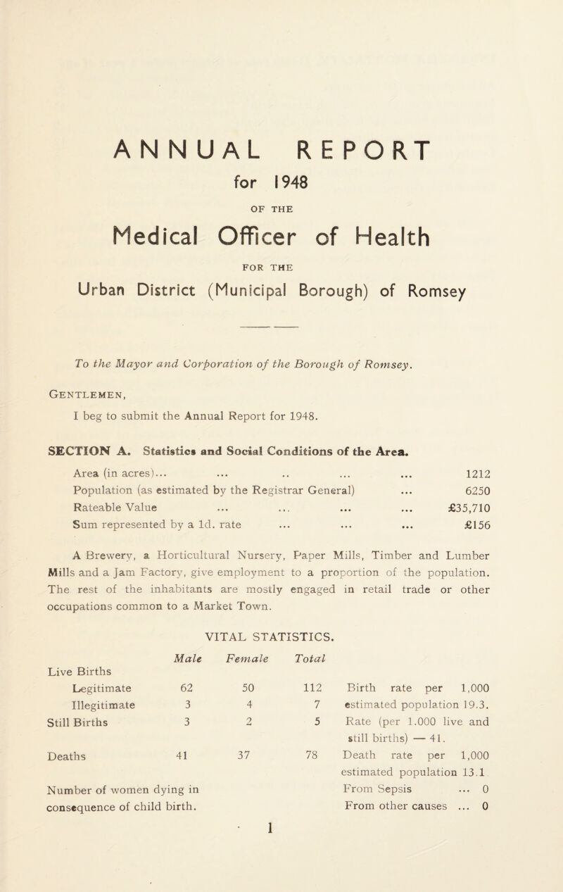 ANNUAL REPORT for i 948 OF THE Medical Officer of Health FOR THE Urban District (Municipal Borough) of Romsey To the Mayor and Corporation of the Borough of Romsey. Gentlemen, I beg to submit the Annual Report for 1948. SECTION A. Statistics and Social Conditions of the Area. Area (in acres)... ... .. ... ... 1212 Population (as estimated by the Registrar General) ... 6250 Rateable Value ... ... ... ... £35,710 Sum represented by a Id. rate ... ... ... £156 A Brewery, a Horticultural Nursery, Paper Mills, Timber and Lumber Mills and a jam Factory, give employment to a proportion of the population. The rest of the inhabitants are mostly engaged in retail trade or other occupations common to a Market Town. VITAL STATISTICS. Male Female Total 62 50 112 3 4 7 3 2 5 41 37 78 Number of women dying in consequence of child birth. Birth rate per 1,000 estimated population 19.3. Rate (per 1.000 live and still births) — 41. Death rate per 1,000 estimated population 13.1 From Sepsis ... 0 From other causes ... 0 Live Births Legitimate Illegitimate Still Births Deaths