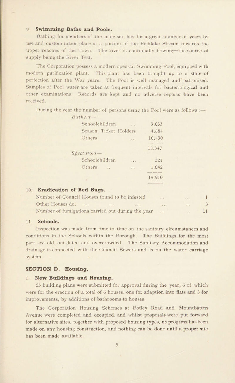 9 Swimming Baths and Pools. Bathing for members of the male sex has for a great number of years by use and custom taken place in a portion of the Fish lake Stream towards the upper reaches of the Town. The river is continually flowing-—the source of supply being the River Test. The Corporation possess a modern open-air Swimming Pool, equipped with modern purification plant. This plant has been brought up to a state of perfection after the War years. The Pool is well managed and patronised. Samples of Pool water are taken at frequent intervals for bacteriological and other examinations. Records are kept and no adverse reports have been received. During the year the number of persons using the Pool were as follows : — Bathers— Schoolchildren . . 3,033 Season T icket Holders 4,884 Others 10,430 18,347 Spectators—- Schoolchildren 521 Others 1,042 19,910 10. Eradication of Bed Bugs. Number of Council Houses found to be infested ... .. 1 Other Houses do. ... ... ... ... ... 3 Number of fumigations carried out during the year ... . 11 11. Schools. Inspection was made from time to time on the sanitary circumstances and conditions in the Schools within the Borough. The Buildings for the most part are old, out-dated and overcrowded. The Sanitary Accommodation and drainage is connected with the Council Sewers and is on the water carriage system. SECTION D. Housing. 1. New Buildings and Housing. 55 building plans were submitted for approval during the year, 6 of which were for the erection of a total of 6 houses, one for adaption into flats and 3 for improvements, by additions of bathrooms to houses. The Corporation Housing Schemes at Botley Road and Mountbatten Avenue were completed and occupied, and whilst proposals were put forward for alternative sites, together with proposed housing types, no progress has been made on any housing construction, and nothing can be done until a proper site has been made available.