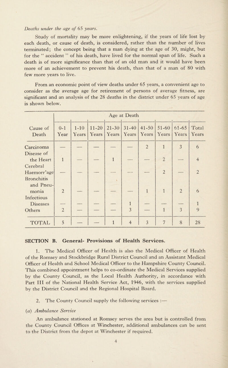 Deaths under the age of 65 years. Study of mortality may be more enlightening, if the years of life lost by each death, or cause of death, is considered, rather than the number of lives terminated; the concept being that a man dying at the age of 30, might, but for the “ accident ” of his death, have lived for the normal span of life. Such a death is of more significance than that of an old man and it would have been more of an achievement to prevent his death, than that of a man of 80 with few more years to live. From an economic point of view deaths under 65 years, a convenient age to consider as the average age for retirement of persons of average fitness, are significant and an analysis of the 28 deaths in the district under 65 years of age is shown below. Age at Death I Cause of Death 0-1 Year 1-10 Years 11-20 Years 21-30 Years 31-40 Years 41-50 Years 51-60 Years 61-65 Years Total Years Carcinoma Disease of — — — — ■— 2 1 3 6 the Heart Cerebral 1 — — 1 -- — 2 -• 4 Haemorr’age Bronchitis and Pneu- 2 2 monia Infectious 2 — — -' — 1 1 2 6 Diseases — — — — 1 — — — 1 Others 2 — — — 3 — 1 3 9 total 5 — — 1 4 3 7 8 28 SECTION B. General- Provisions of Health Services, 1. The Medical Officer of Health is also the Medical Officer of Health of the Romsey and Stockbridge Rural District Council and an Assistant Medical Officer of Health and School Medical Officer to the Hampshire County Council. This combined appointment helps to co-ordinate the Medical Services supplied by the County Council, as the Local Health Authority, in accordance with Part III of the National Health Service Act, 1946, with the services supplied by the District Council and the Regional Hospital Board. 2. The County Council supply the following services :— (a) Ambulance Service An ambulance stationed at Romsey serves the area but is controlled from the County Council Offices at Winchester, additional ambulances can be sent to the District from the depot at Winchester if required.