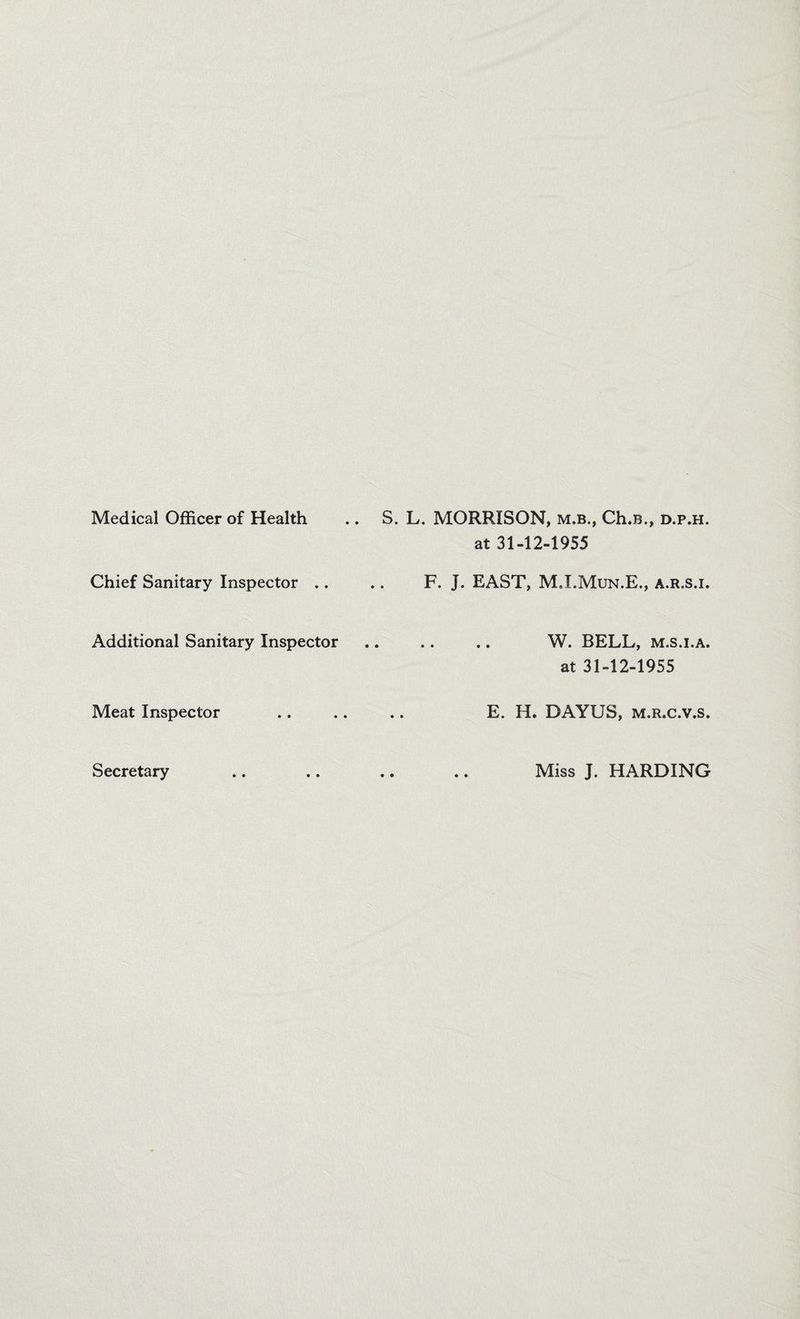 Medical Officer of Health .. S. L. MORRISON, m.b., Ch.B., d.p.h. at 3142-1955 Chief Sanitary Inspector .. .. F. J. EAST, MXMun.E., a.r.s.i. Additional Sanitary Inspector .. .. .. W. BELL, m.s.i.a. at 31-12-1955 Meat Inspector .. .. .. E. H. DAYUS, m.r.c.v.s. Secretary « * Miss J. HARDING