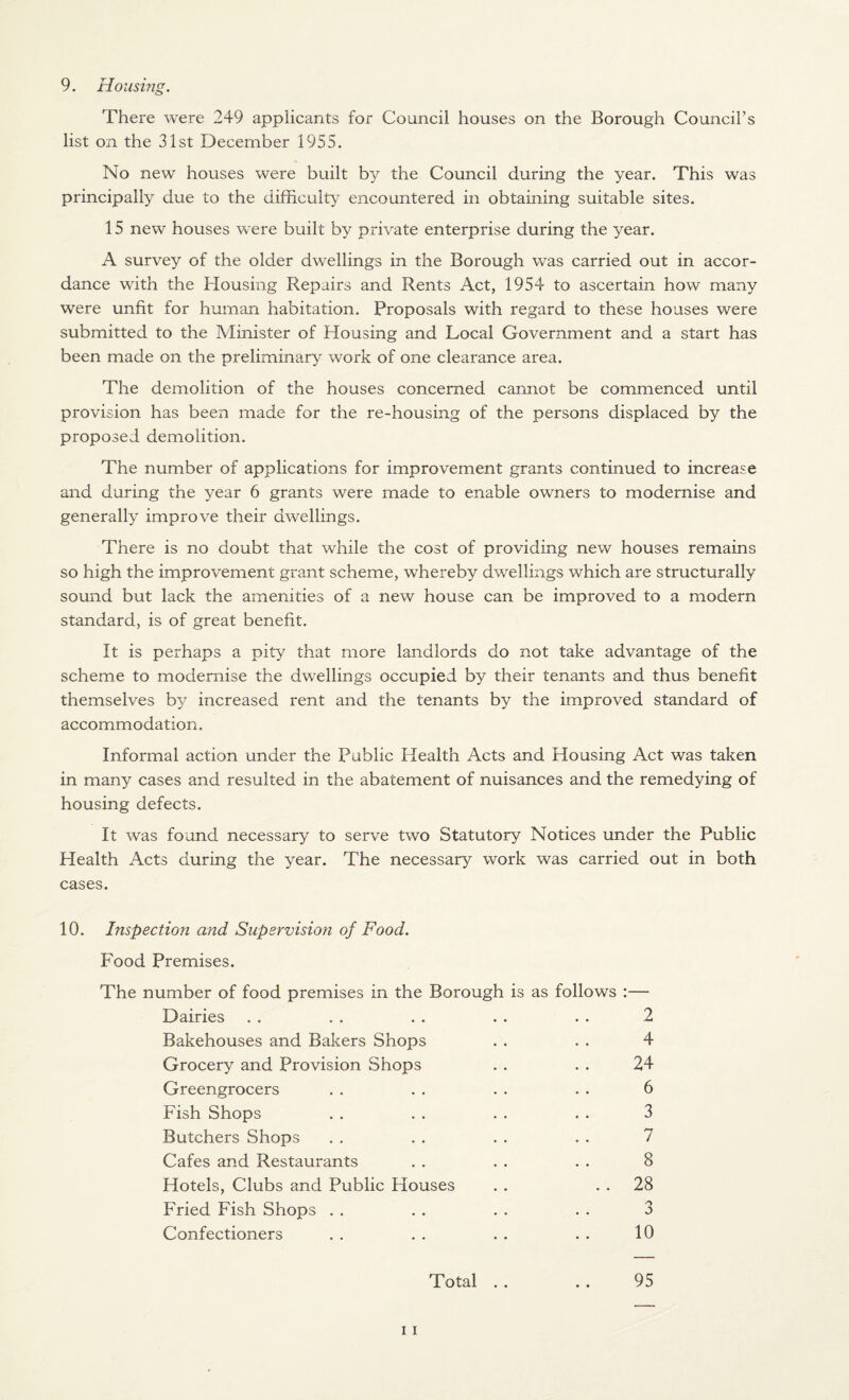 9. Housing. There were 249 applicants for Council houses on the Borough Council’s list on the 31st December 1955. No new houses were built by the Council during the year. This was principally due to the difficulty encountered in obtaining suitable sites. 15 new houses were built by private enterprise during the year. A survey of the older dwellings in the Borough was carried out in accor¬ dance with the Housing Repairs and Rents Act, 1954 to ascertain how many were unfit for human habitation. Proposals with regard to these houses were submitted to the Minister of Housing and Local Government and a start has been made on the preliminary work of one clearance area. The demolition of the houses concerned cannot be commenced until provision has been made for the re-housing of the persons displaced by the proposed demolition. The number of applications for improvement grants continued to increase and during the year 6 grants were made to enable owners to modernise and generally improve their dwellings. There is no doubt that while the cost of providing new houses remains so high the improvement grant scheme, whereby dwellings which are structurally sound but lack the amenities of a new house can be improved to a modern standard, is of great benefit. It is perhaps a pity that more landlords do not take advantage of the scheme to modernise the dwellings occupied by their tenants and thus benefit themselves by increased rent and the tenants by the improved standard of accommodation. Informal action under the Public Health Acts and Housing Act was taken in many cases and resulted in the abatement of nuisances and the remedying of housing defects. It was found necessary to serve two Statutory Notices under the Public Health Acts during the year. The necessary work was carried out in both cases. 10. Inspection and Supervision of Food. Food Premises. The number of food premises in the Borough is as follows :— Dairies . . . . . . . . . . 2 Bakehouses and Bakers Shops . . . . 4 Grocery and Provision Shops . . . . 24 Greengrocers . . . . . . . . 6 Fish Shops . . . . . . . . 3 Butchers Shops . . . . . . . . 7 Cafes and Restaurants . . . . . . 8 Hotels, Clubs and Public Houses . . 28 Fried Fish Shops . . . . . . . . 3 Confectioners . . . . . . . . 10 95 i i Total