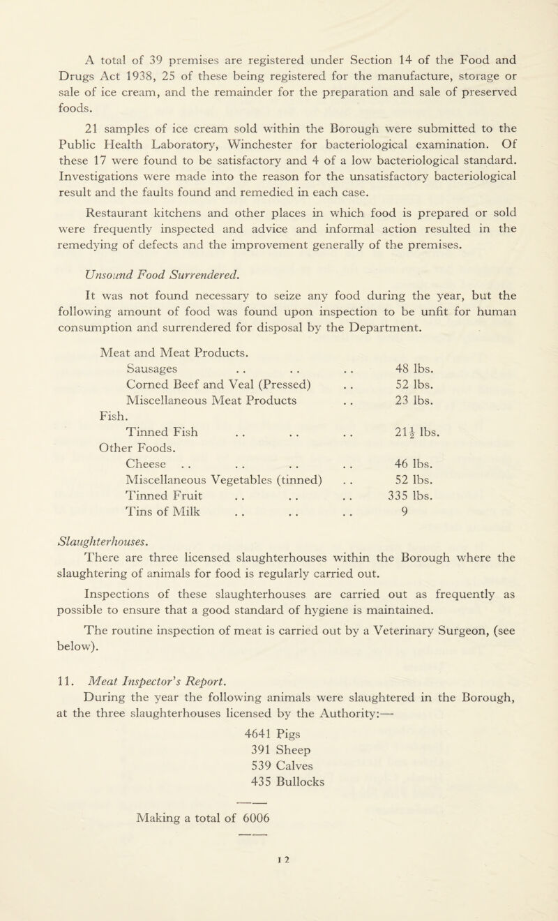 A total of 39 premises are registered under Section 14 of the Food and Drugs Act 1938, 25 of these being registered for the manufacture, storage or sale of ice cream, and the remainder for the preparation and sale of preserved foods. 21 samples of ice cream sold within the Borough were submitted to the Public Health Laboratory, Winchester for bacteriological examination. Of these 17 were found to be satisfactory and 4 of a low bacteriological standard. Investigations were made into the reason for the unsatisfactory bacteriological result and the faults found and remedied in each case. Restaurant kitchens and other places in which food is prepared or sold were frequently inspected and advice and informal action resulted in the remedying of defects and the improvement generally of the premises. Unsound Food Surrendered. It was not found necessary to seize any food during the year, but the following amount of food was found upon inspection to be unfit for human consumption and surrendered for disposal by the Department. Meat and Meat Products. Sausages . . . . . . 48 lbs. Corned Beef and Veal (Pressed) . . 52 lbs. Miscellaneous Meat Products . . 23 lbs. Fish. Tinned Fish . . . . . . 21J lbs. Other Foods. Cheese . . . . . . . . 46 lbs. Miscellaneous Vegetables (tinned) . . 52 lbs. Tinned Fruit . . . . . . 335 lbs. Tins of Milk . . . . . . 9 Slaughterhouses. There are three licensed slaughterhouses within the Borough where the slaughtering of animals for food is regularly carried out. Inspections of these slaughterhouses are carried out as frequently as possible to ensure that a good standard of hygiene is maintained. The routine inspection of meat is carried out by a Veterinary Surgeon, (see below). 11. Meat Inspector’s Report. During the year the following animals were slaughtered in the Borough, at the three slaughterhouses licensed by the Authority:— 4641 Pigs 391 Sheep 539 Calves 435 Bullocks Making a total of 6006