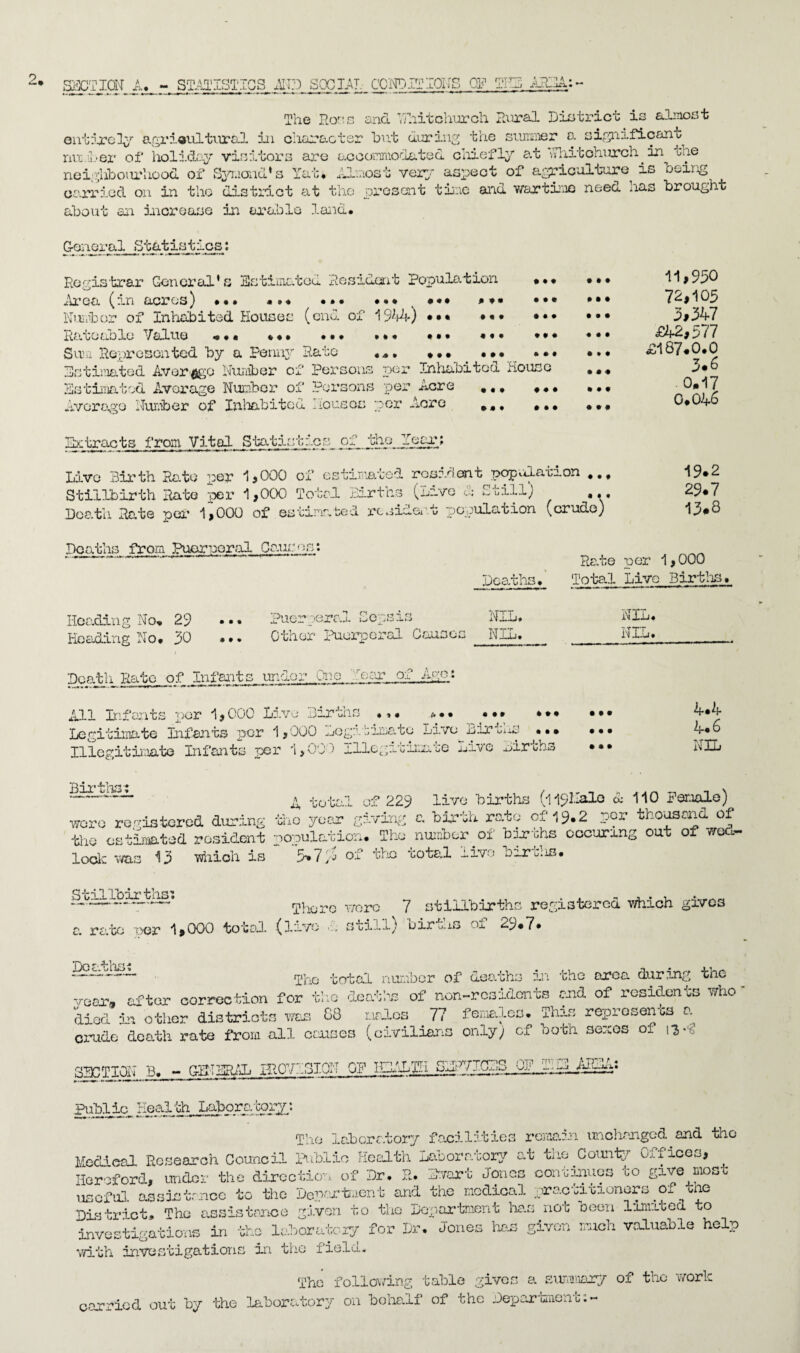 U* avrirn SECTiaT_J^- STATISTICS AND SQCIAT. CCNOITIOIJ; OF A'A AX.1A:~ The Ross and Yuiit church Rural District is almost entirely agx*i«ultural in character but during the sunnier a significant number of holiday visitors are accommodated chiefly a.t \Thitohurch in one neighbourhood of Symond's Yat. Almost very aspect of agriculture is being carried on in the district at the prescs.it time and wartime neea uas brought about an increase in arable land. General Statistics: Registrar General's Estimated Resident Population Area (in acres) ... ... ,••• »•* Number of Inhabited Houses (end of 1944) Rateable Value .«« ... ... ... Sum Represented by a Penny Rato «... Estimated Average Number of persons per Inhabited House Estimated Average Number of Persons per Acre Average Number of Inhabited Houses per Acre • •I • • • • ft I f • • « • « • • • • • • •• • • • • • • t* • « • • • • • #« t ♦ # • # • • • • • • • • 4 11 • • • » « * • • f • t# 11,950 72,105 3,347 £42,577 £187*0.0 3.6 0.17 0*046 Extracts from Vitol Statistics of die -.ear; Live Birth Rate per 1,000 of estimated resident pop Alation ,,, Stillbirth Rate per 1,000 Total Births (Live & Still) .., Death Rate per 1,000 of estimated rcsidert population (crude) Deaths from puerperal Cans or? • Rate Deaths. Total 19*2 29.7 13.8 per 1,000 Live Births. Heading No* 29 Heading No. 30 Puerperal Sepsis NIL. Other Puerperal Causes NIL. NIL. Death Rate of Infants under Cue 'ear of Ago: .1. A . . ... All Infants per 1,000 Live Birth Legitimate Infants por 1,000 Legitimate Live Birins Illegitimate Infants per 1,0'jO illegitimate Live Birchs • • • • • • • • • • • • 4*4 4*6 NIL -^ total of 229 live births (il9l.Ialo A 110 Female) were registered during tno year giving a birNx rate of 19*2 thousand of the estimated resident population. The number_of births occurxng out of woo, lode was 13 which is 5-* 7 A of the total live births. *1 11 Kn4“lcc*H ——* There were 7 stillbirths registered which gives a rate per 1,000 total (live still) biruns ox 29*7. 7Y> *r* c* ■* —^—- The total number of deaths in the area, during the vear9 after correction for the deaths of non-residents and of residents who died In other districts was 88 Halos 77 females. This represents a crude death rate from all causes (civilians only; of both sexes of iv SECTION B. - GDTERALi IR0V13I0N OF ICALTH SI 0fICES_jdg^^^ Public Health Laboratory.: The laboratory facilities remain unchanged and the Medical Research Council public Health Laboratory at the County G.,f ices, Hereford, under the direction of Dr. R. Ewart Jones continues to give most useful assistance to the Department and the medical practitioners of the District, mho assistance given to the Department has nob oeen limited to investigations in the laboratory for Dr. Jones to given much valuable help with investigations in the field. The following table gives a summary of the work carried out by the laboratory on behalf of the Department:-